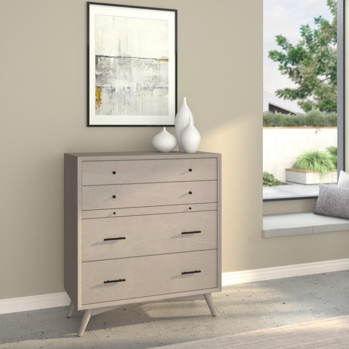 Flynn Mid Century Modern 4 Drawer Multifunction Chest with Pull Out Tray - Gray