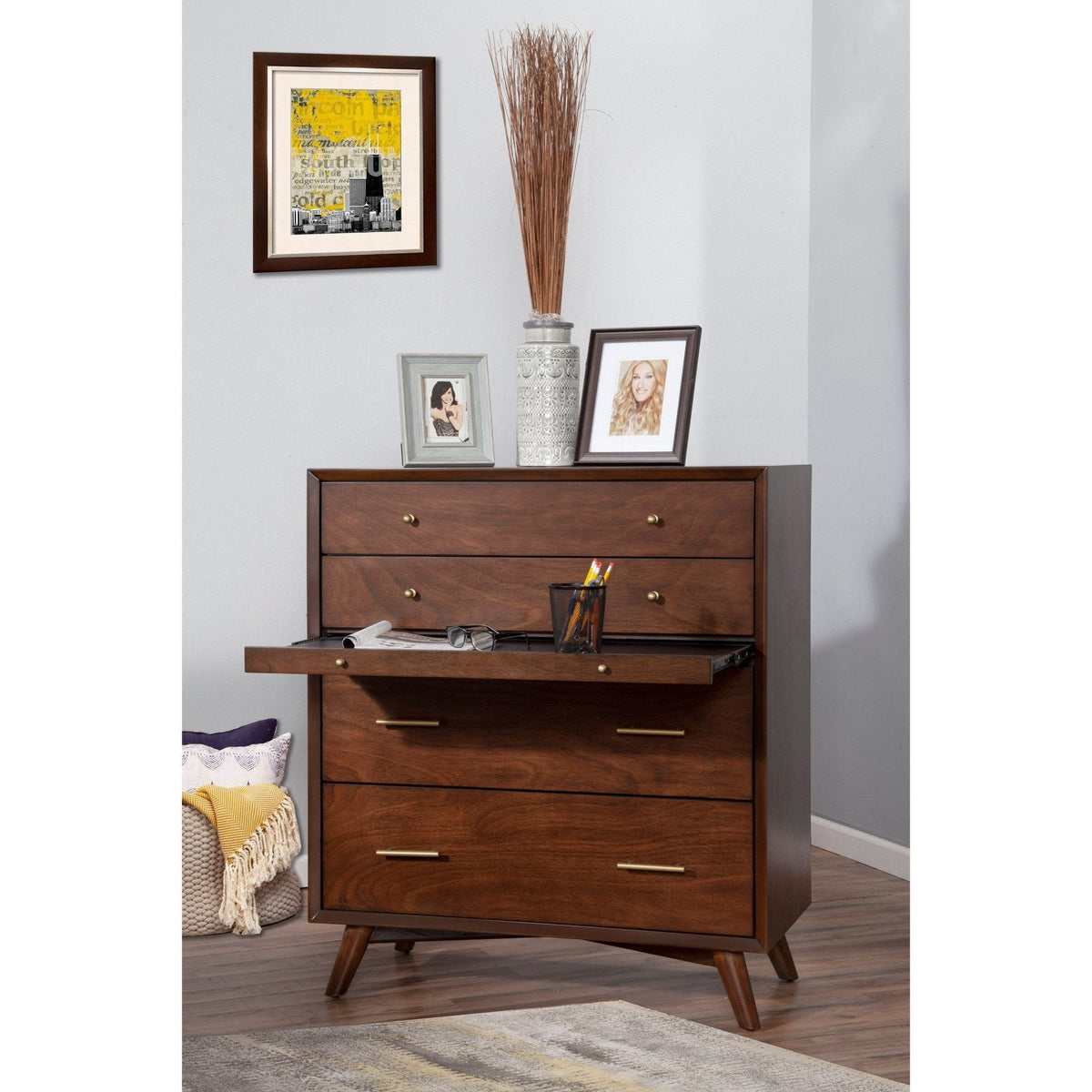 Flynn Mid Century Modern 4 Drawer Multifunction Chest with Pull Out Tray - Walnut