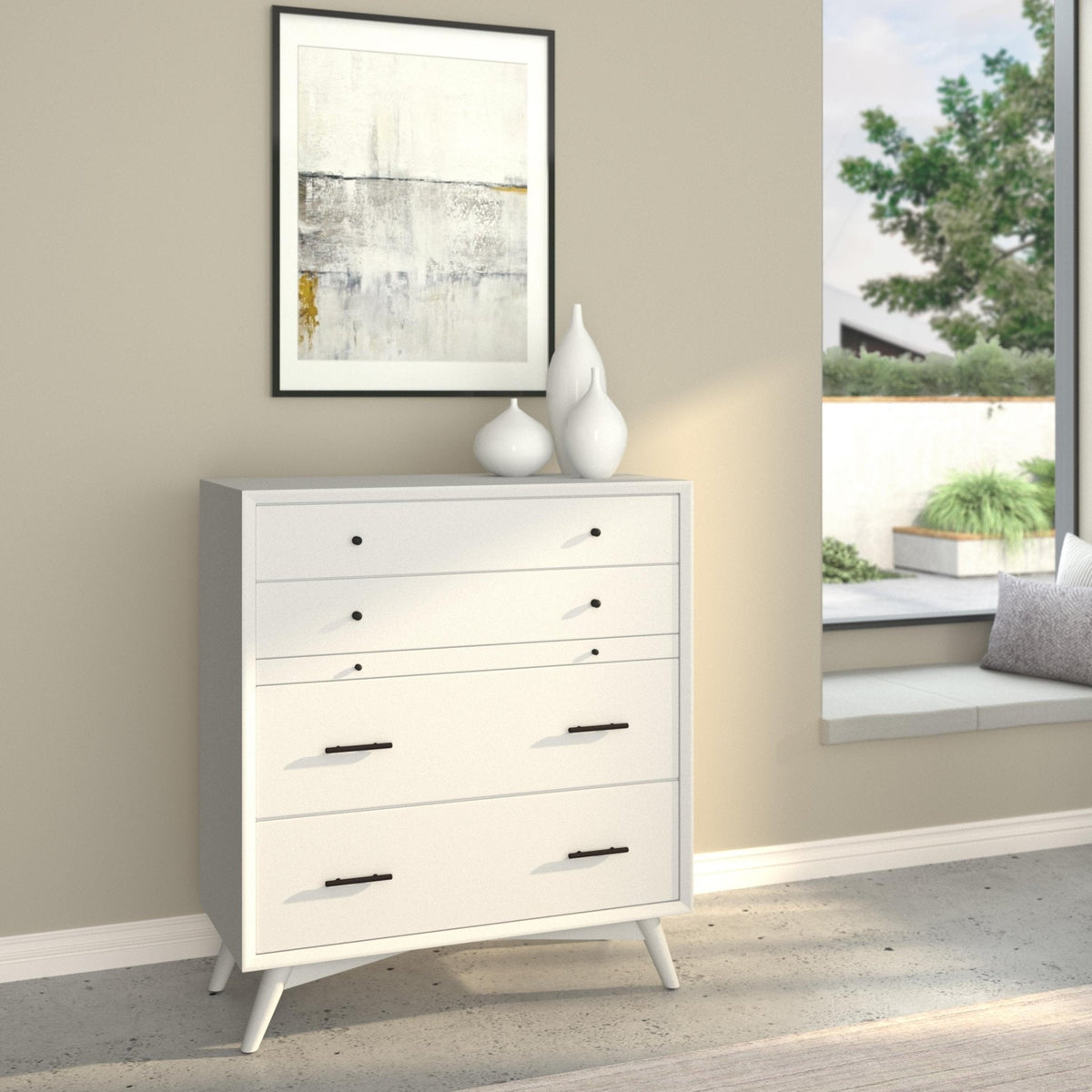 Flynn Mid Century Modern 4 Drawer Multifunction Chest with Pull Out Tray - White