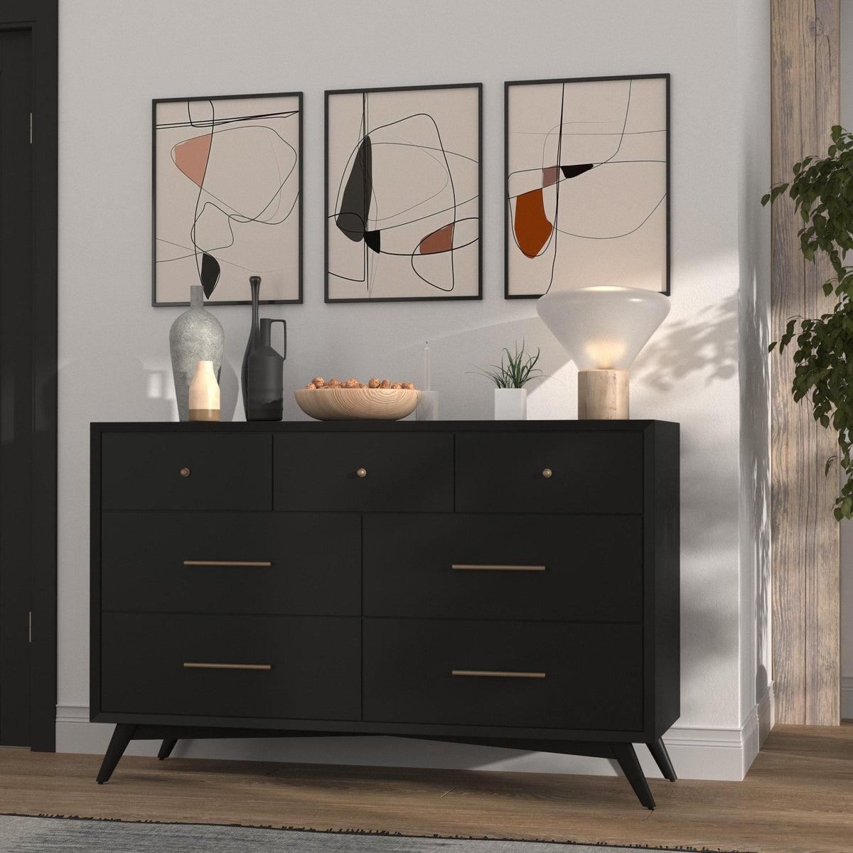 Flynn Mid Century Modern 7 Drawer Dresser - Black