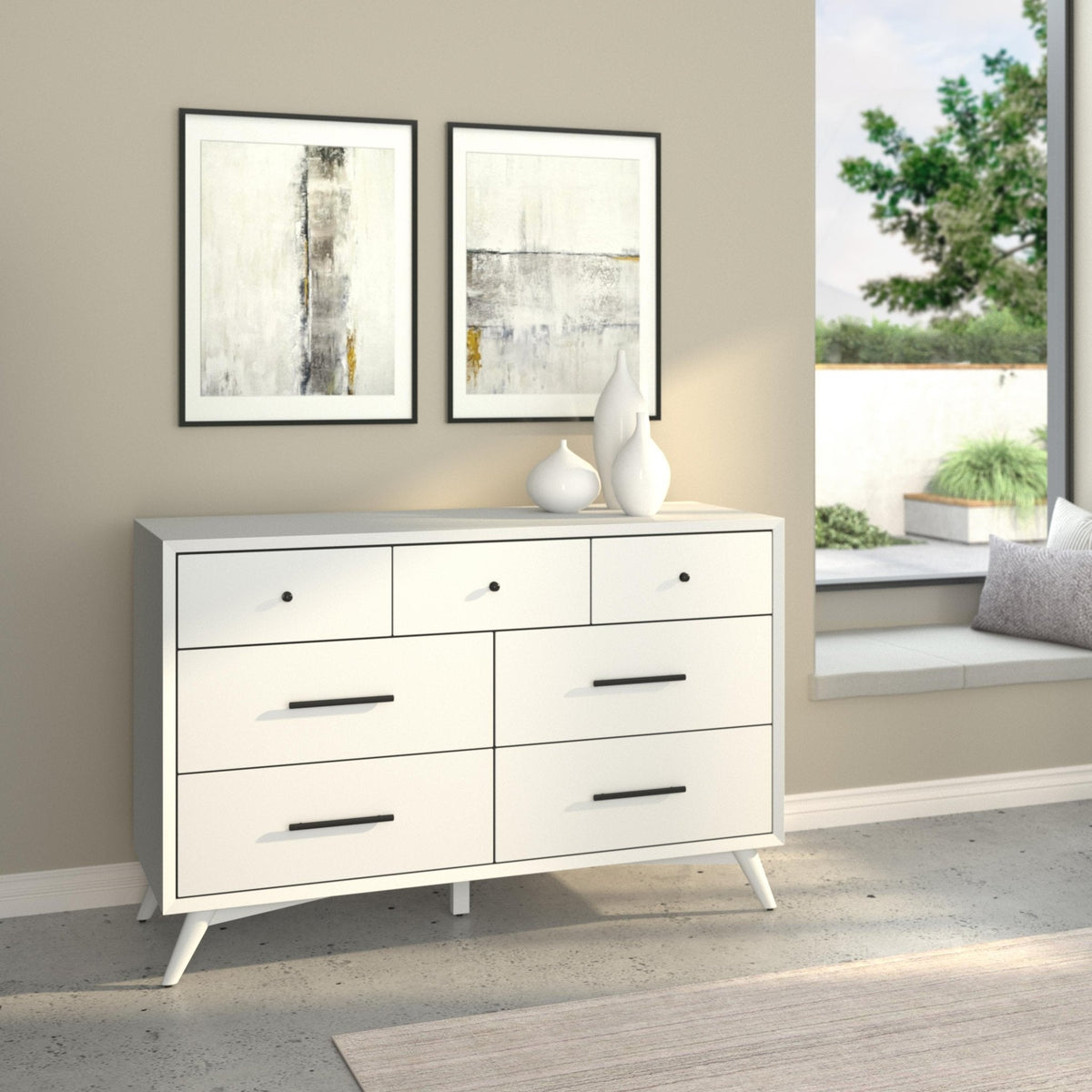 Flynn Mid Century Modern 7 Drawer Dresser - White