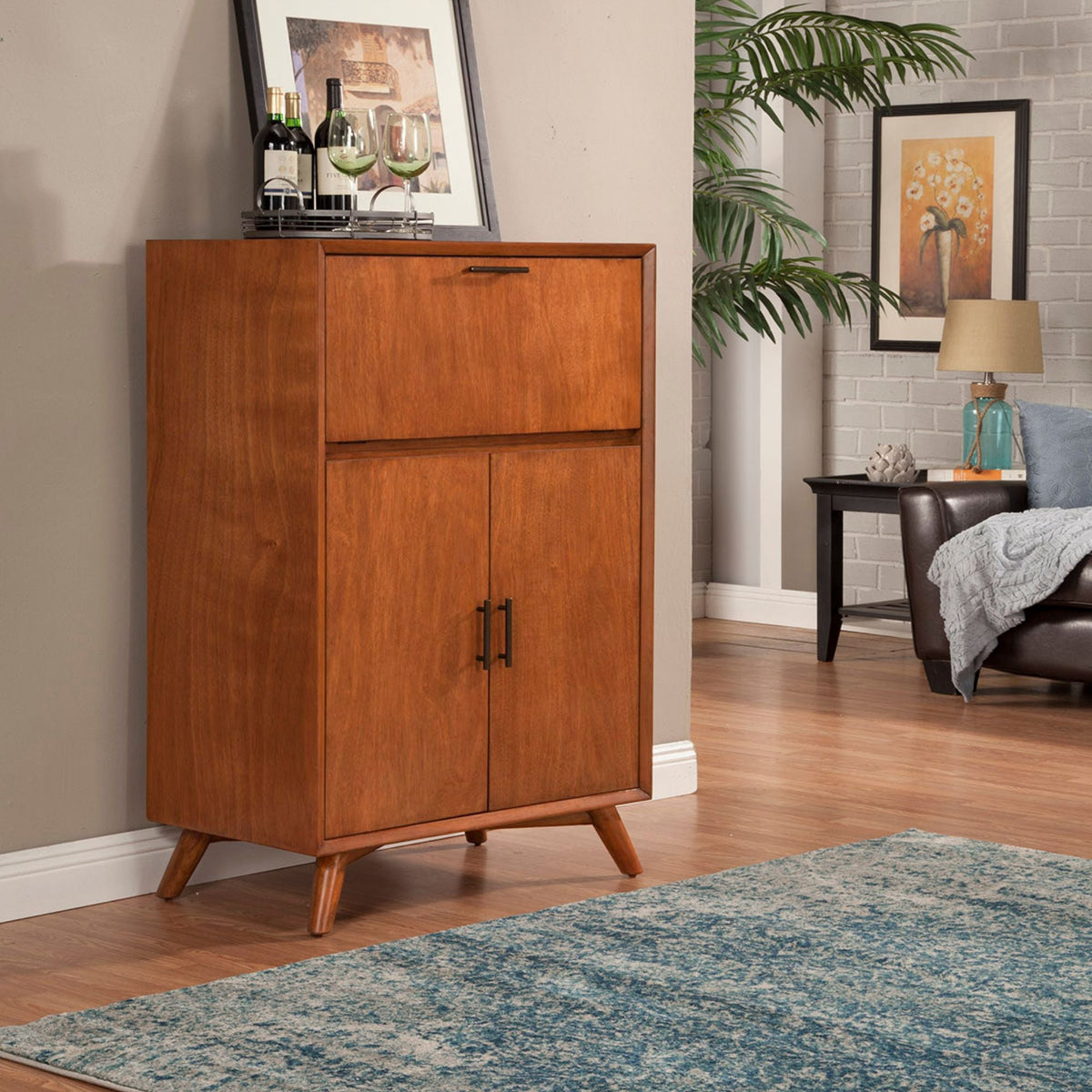 Flynn Large Bar Cabinet with Drop Down Tray - Chestnut