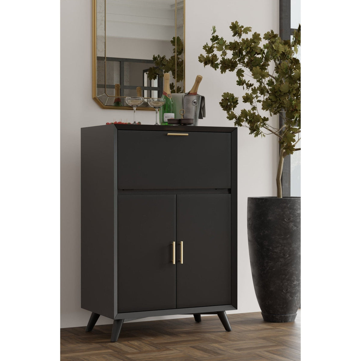 Flynn Large Bar Cabinet with Drop Down Tray - Black
