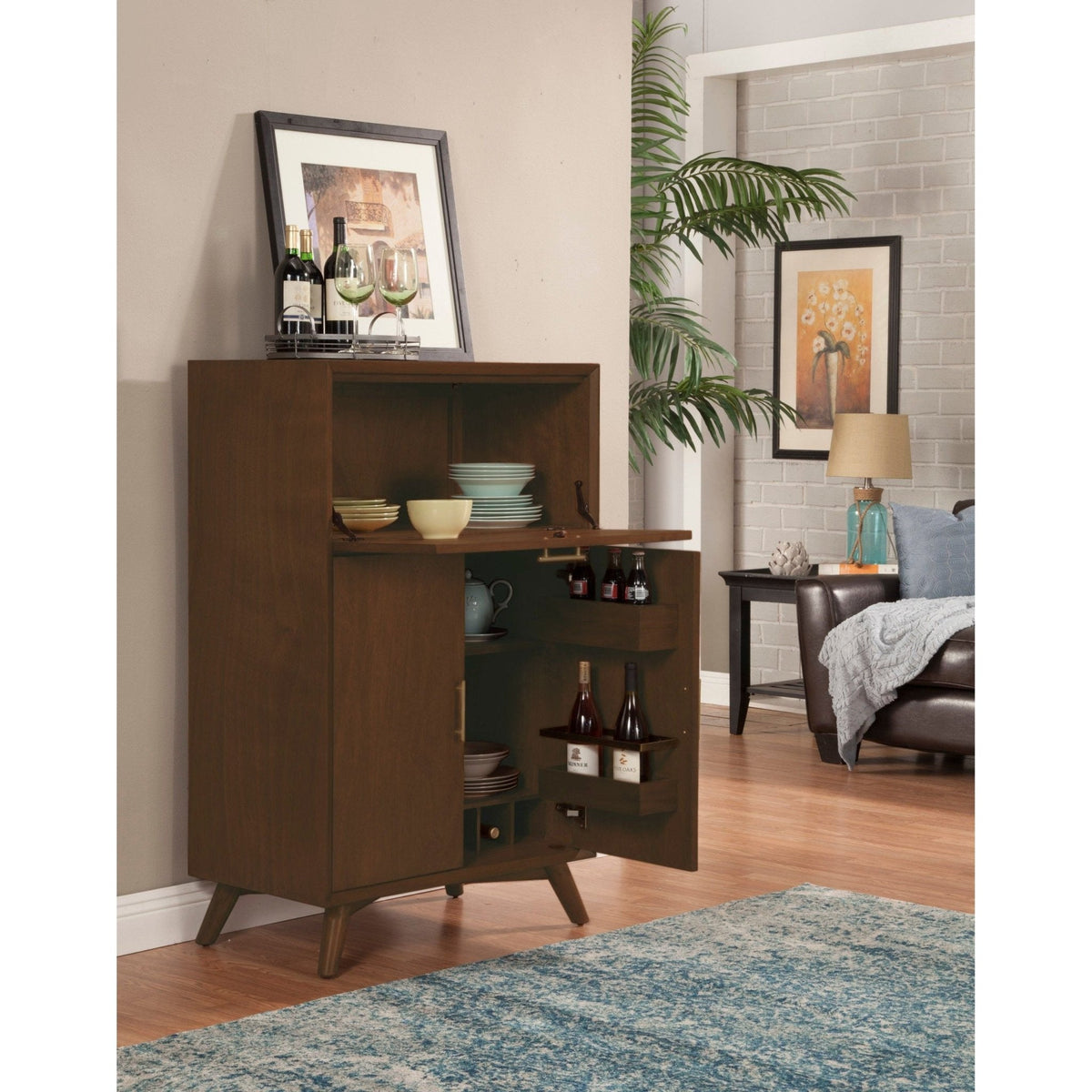 Flynn Large Bar Cabinet with Drop Down Tray - Walnut