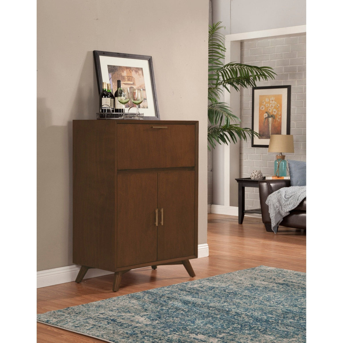 Flynn Large Bar Cabinet with Drop Down Tray - Walnut
