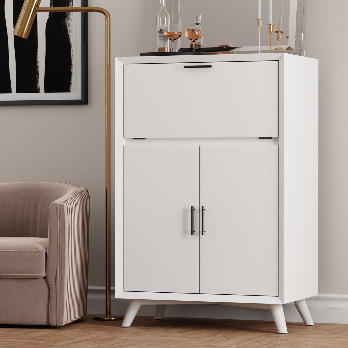 Flynn Large Bar Cabinet with Drop Down Tray - White