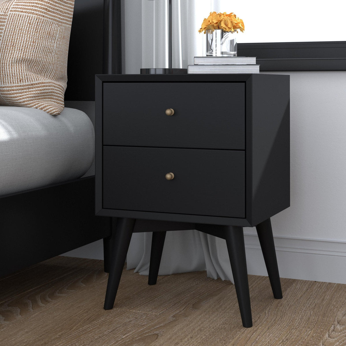 Flynn Mid Century Modern 2 Drawer Nightstand - Black