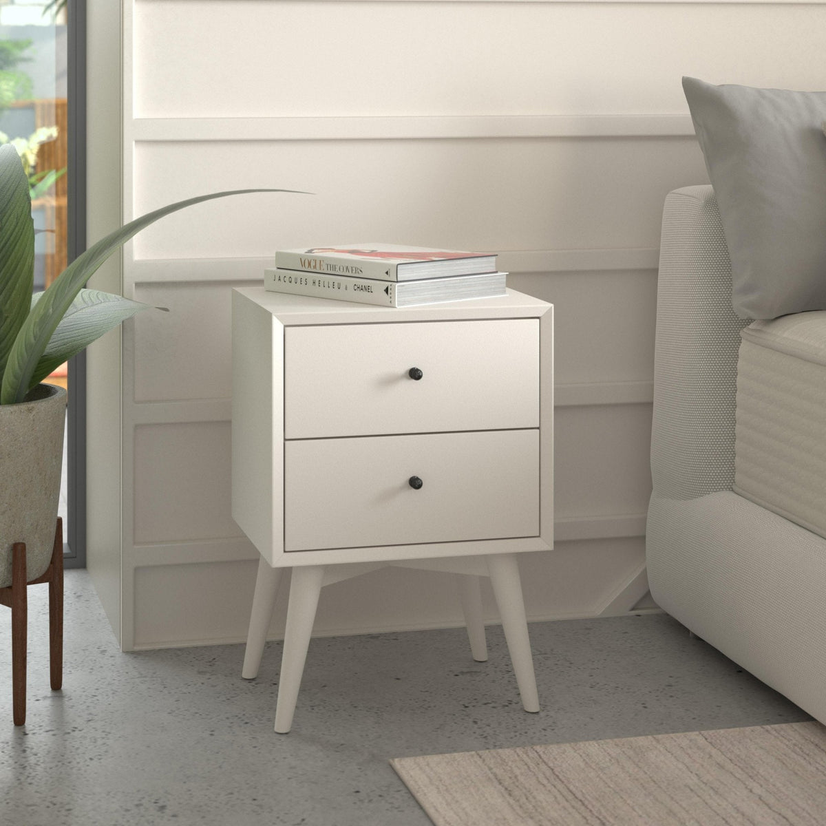Flynn Mid Century Modern 2 Drawer Nightstand - White