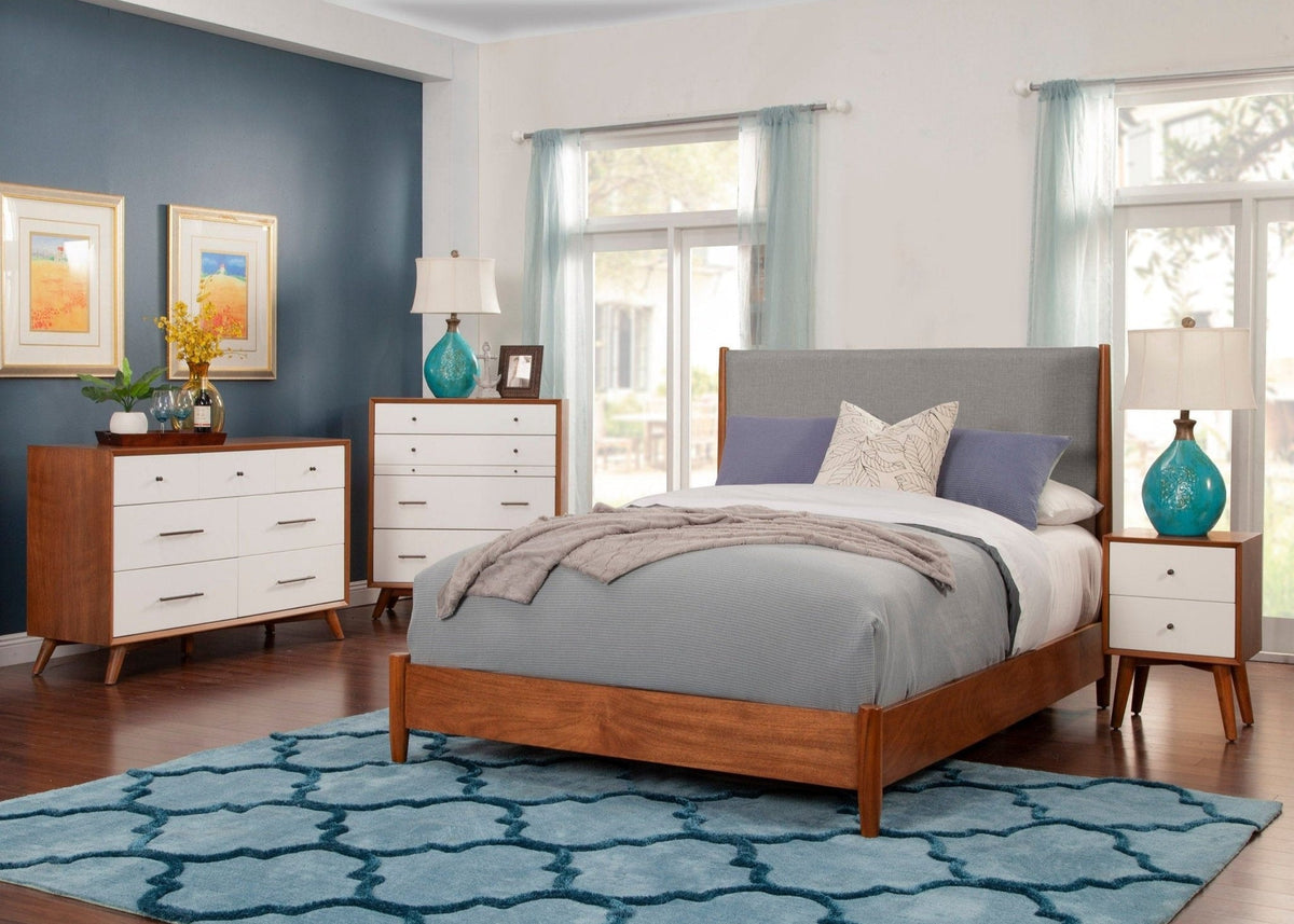 Flynn Mid Century Modern Two Tone Standard King Panel Bed, Chestnut/Grey