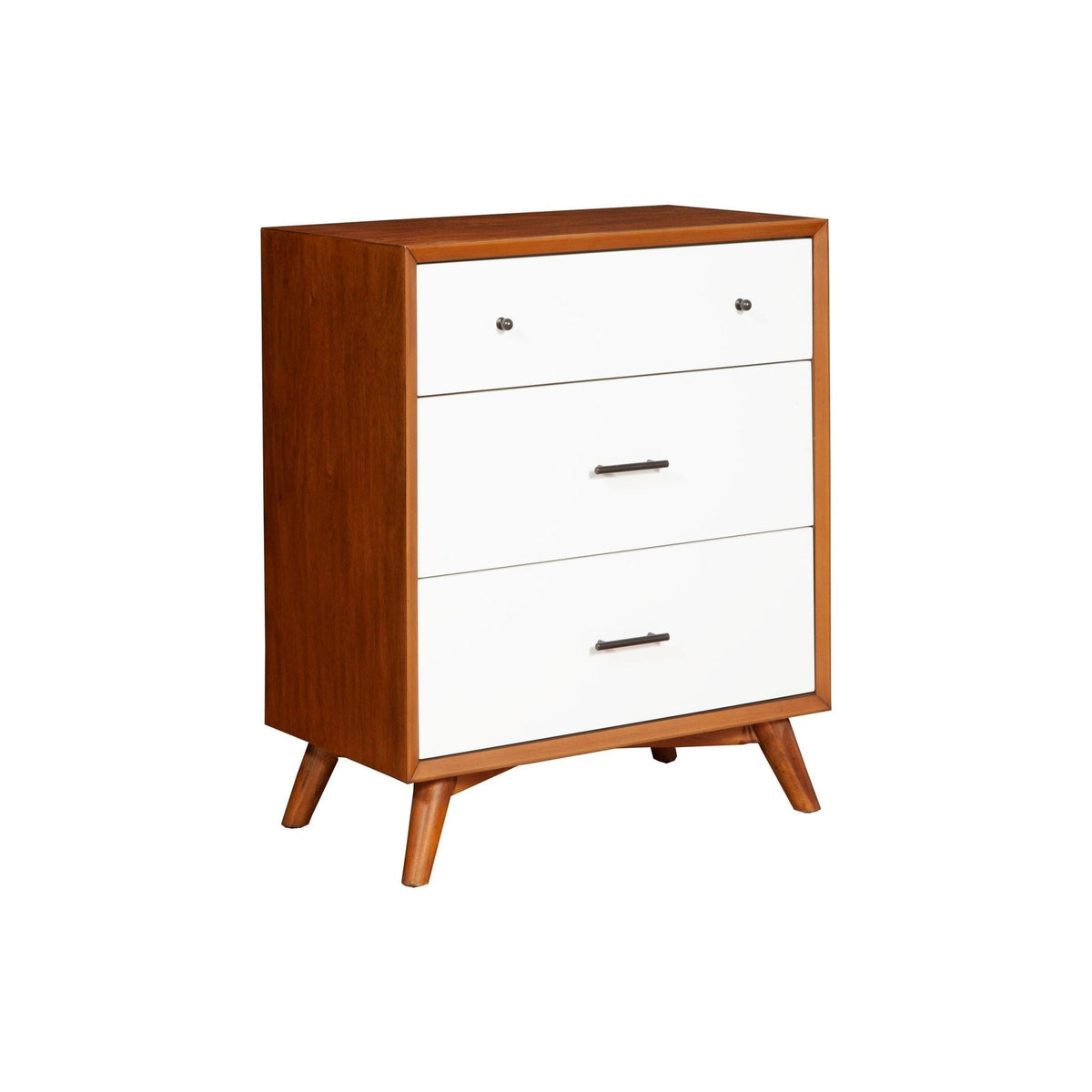 Chest shown against a white background, with its wood-grain side and three white drawers visible.