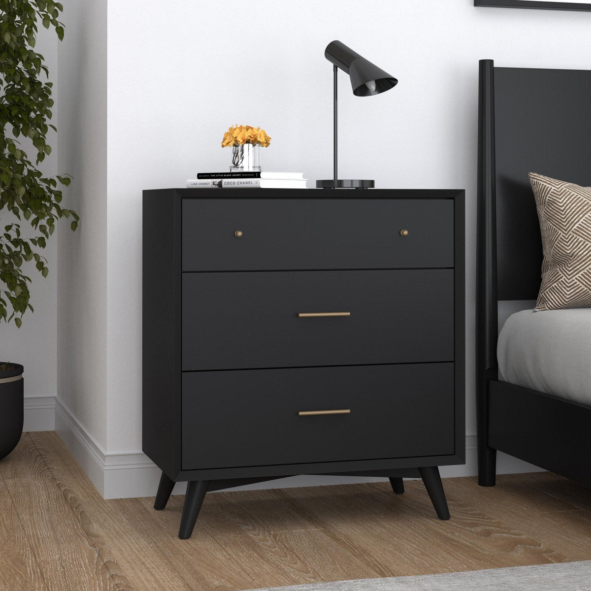 Flynn Mid Century Modern 3 Drawer Small Chest - Black