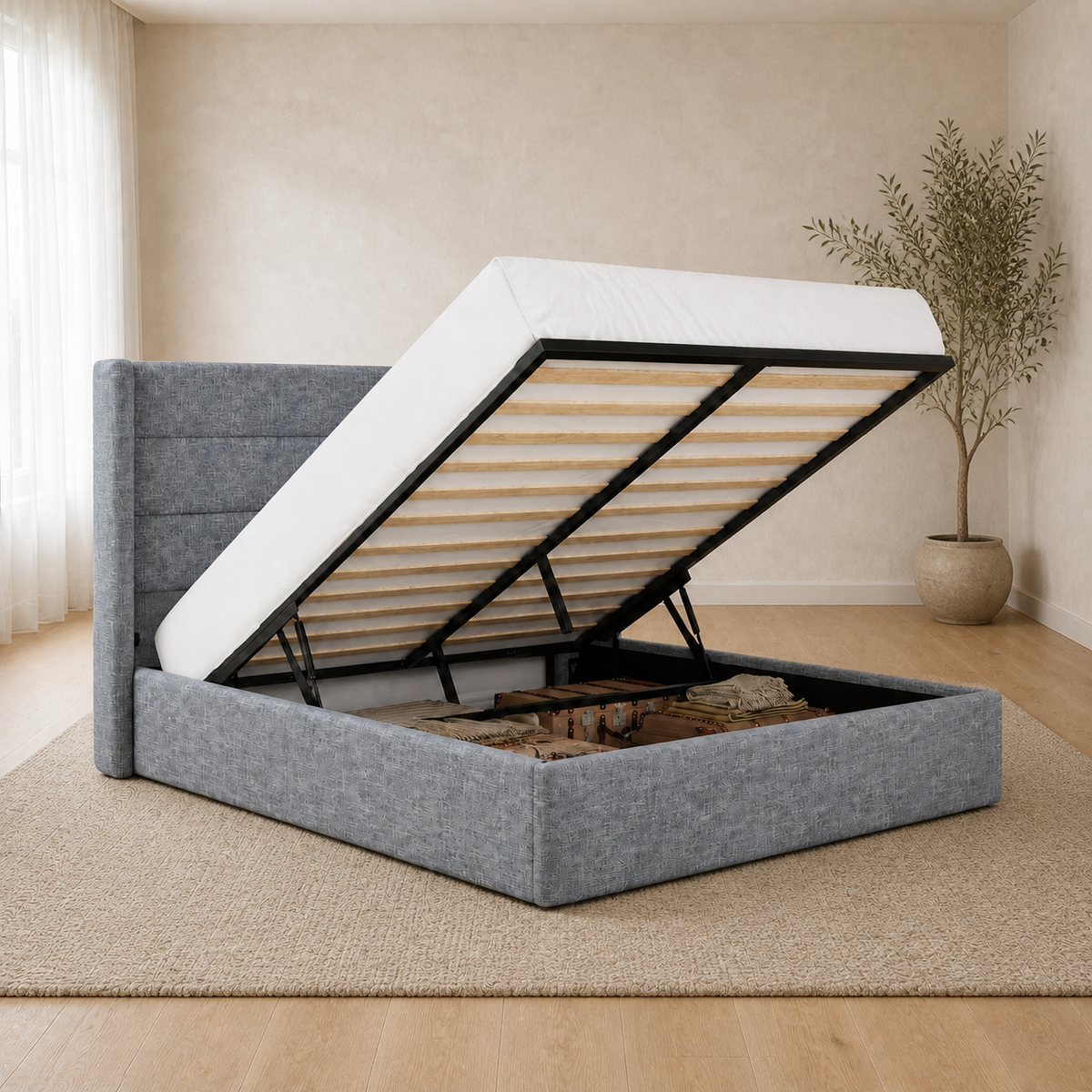 Grey fabric wingback bed with lift-up slatted base open to storage, side-angle in a bright minimalist room