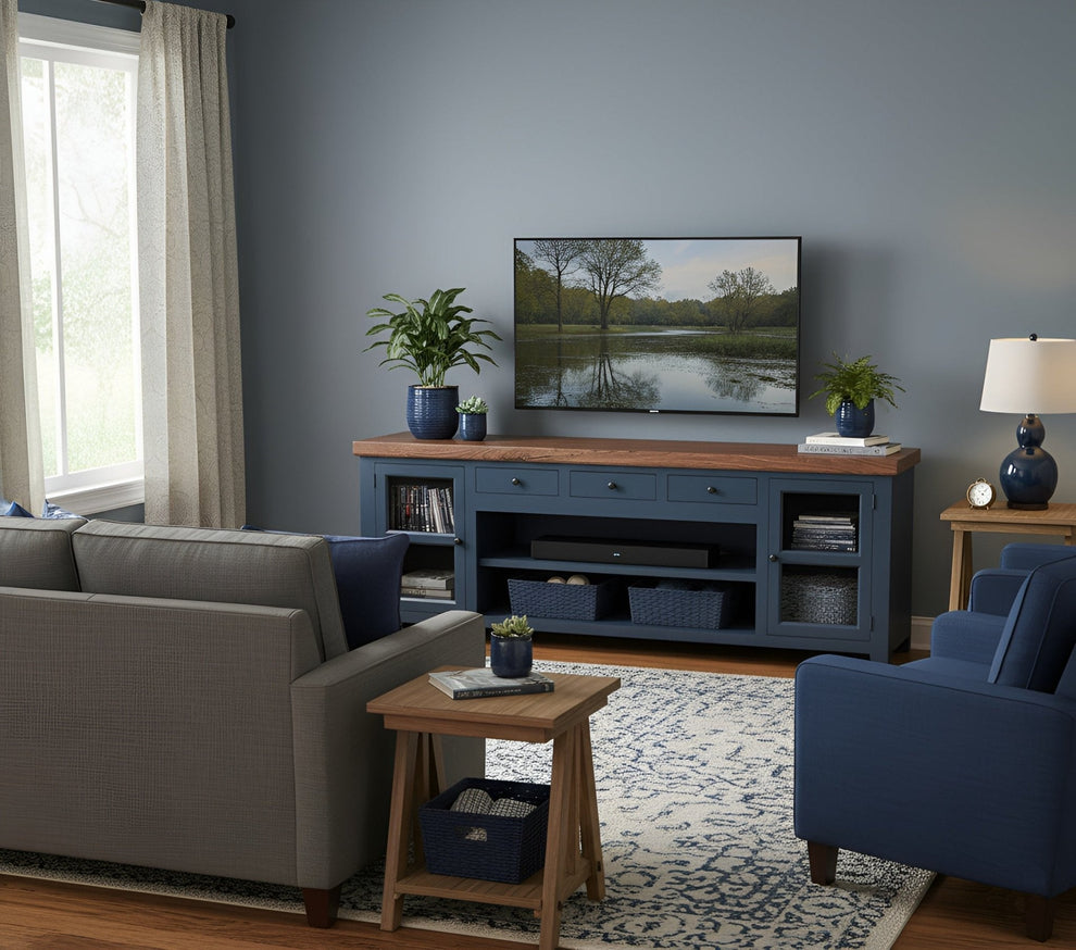 Harbor Bay TV Console, Midnight Blue with Walnut Top