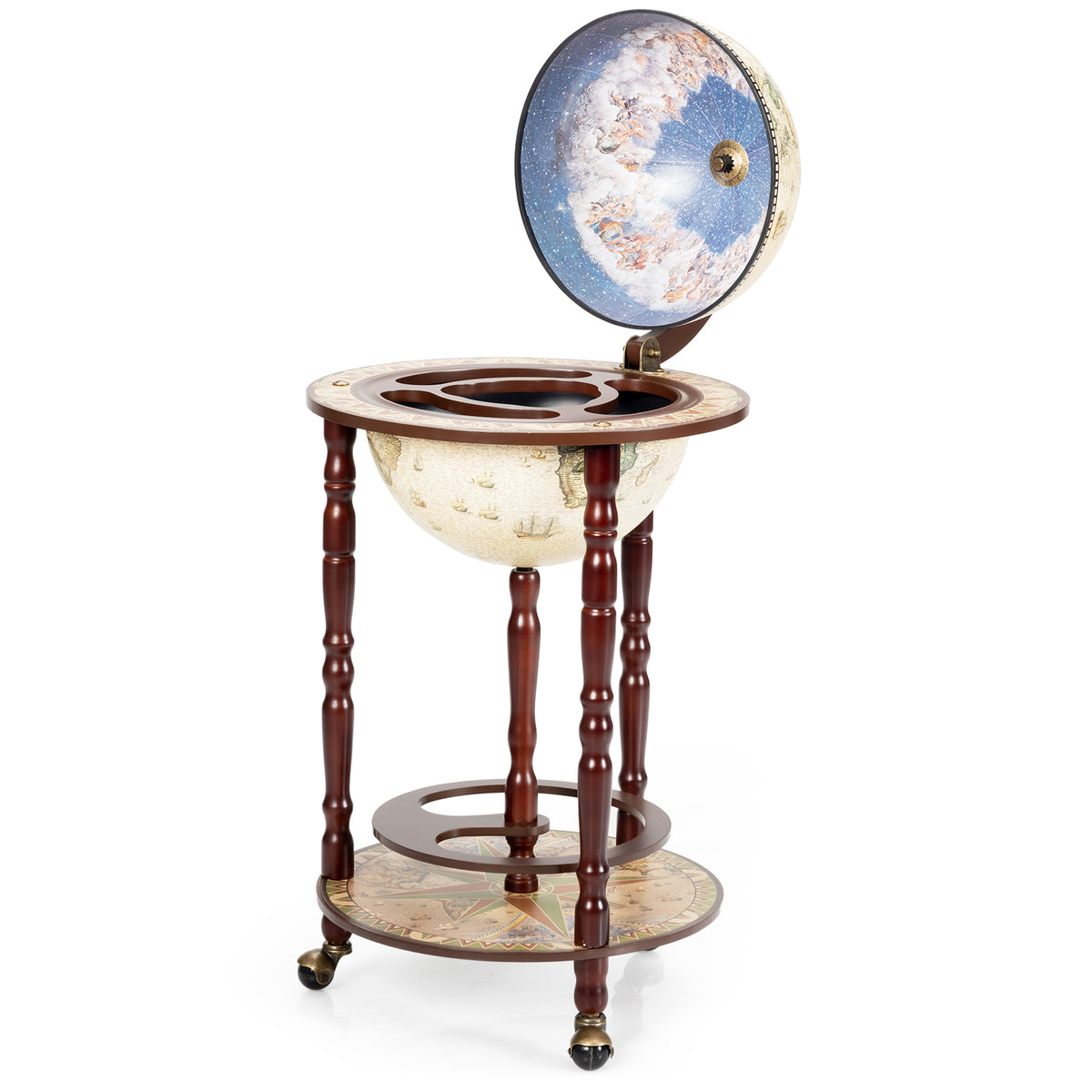 A closer view shows the open globe lid, circular bottle openings, turned wooden legs, and caster wheels.