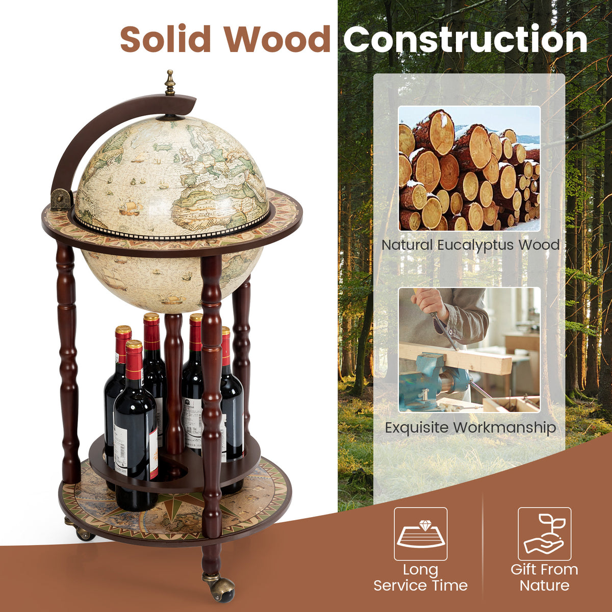 Open globe liquor cabinet holding bottles, with wood and woodworking inset photos alongside.