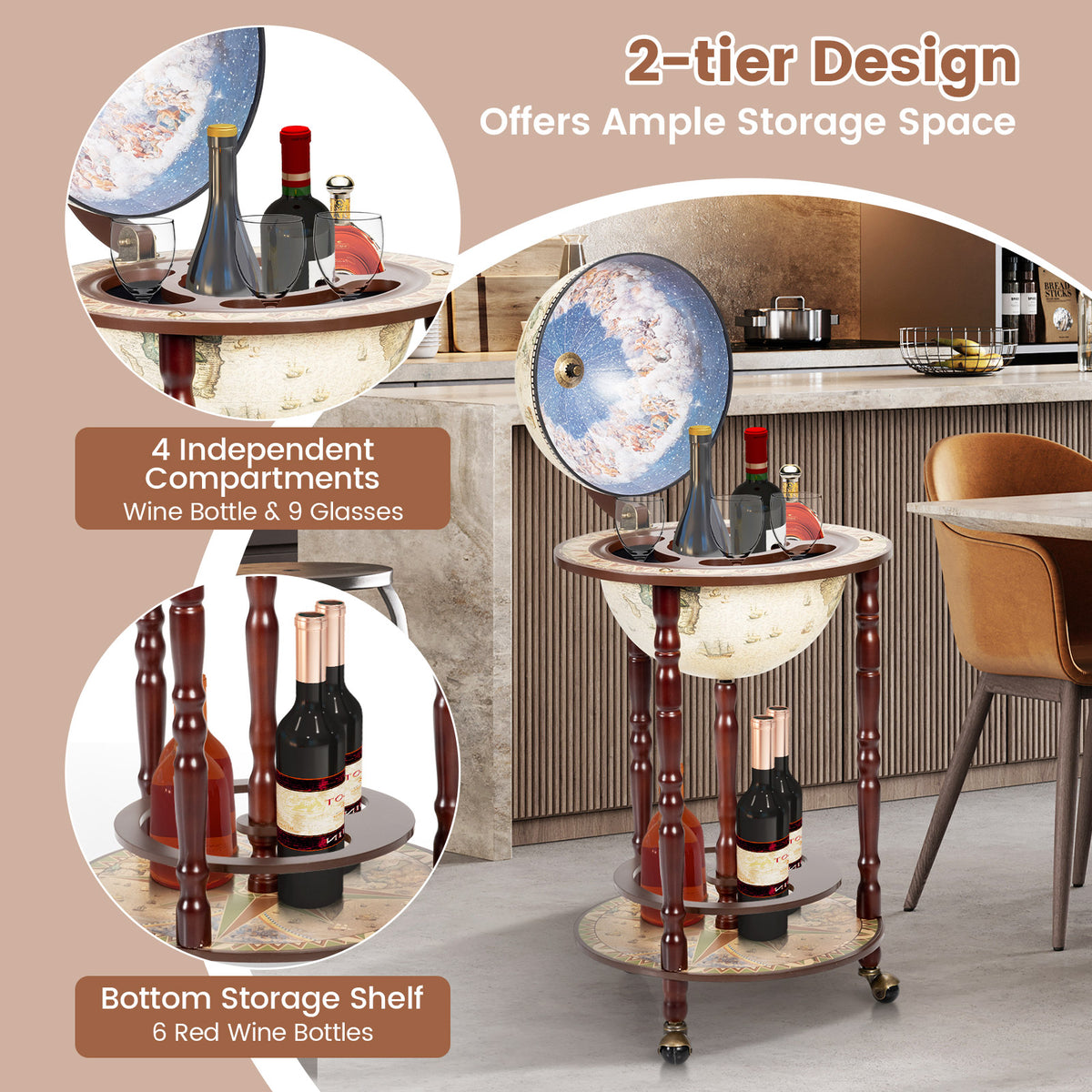 Globe liquor cabinet with bottles and glasses on two shelves, shown beside a kitchen counter.