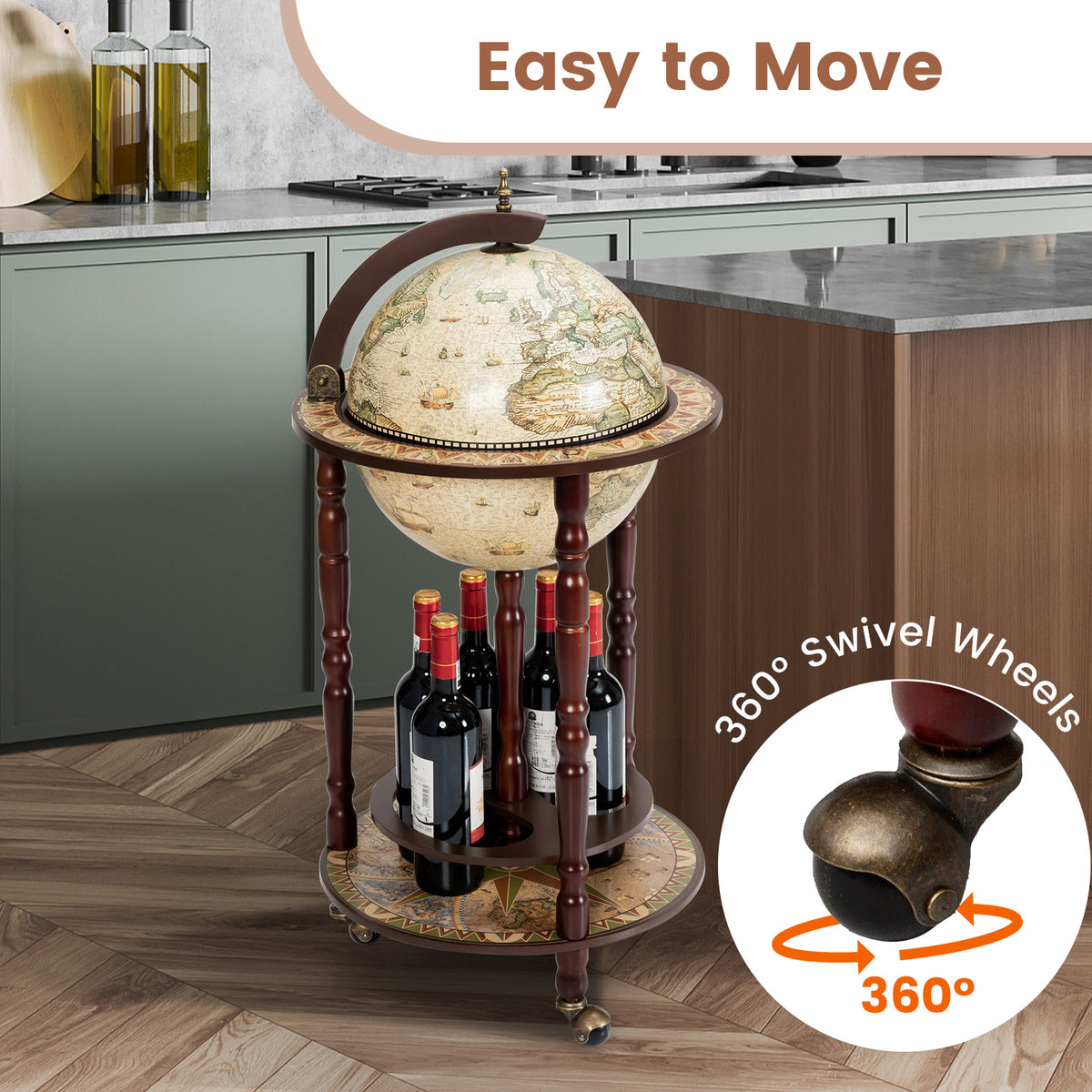 Globe liquor cabinet on a kitchen floor, with a close-up inset of one swivel caster.