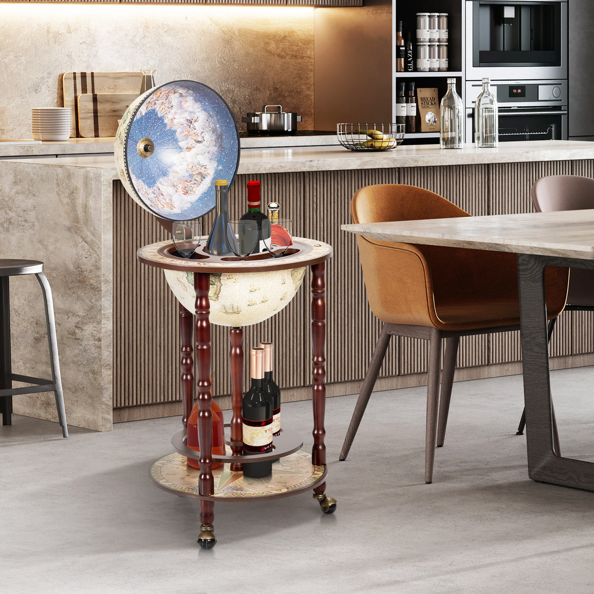 A wooden globe bar cart with its lid open sits in a modern kitchen and dining area.