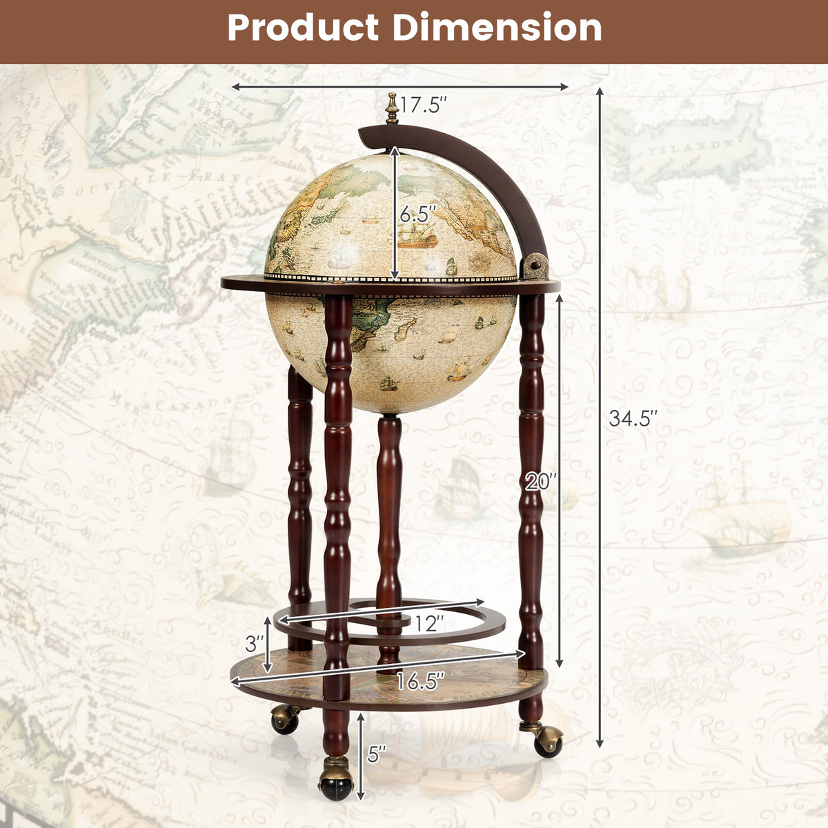 Globe-shaped wooden liquor cabinet with wheels shown with measurement arrows on a map background.