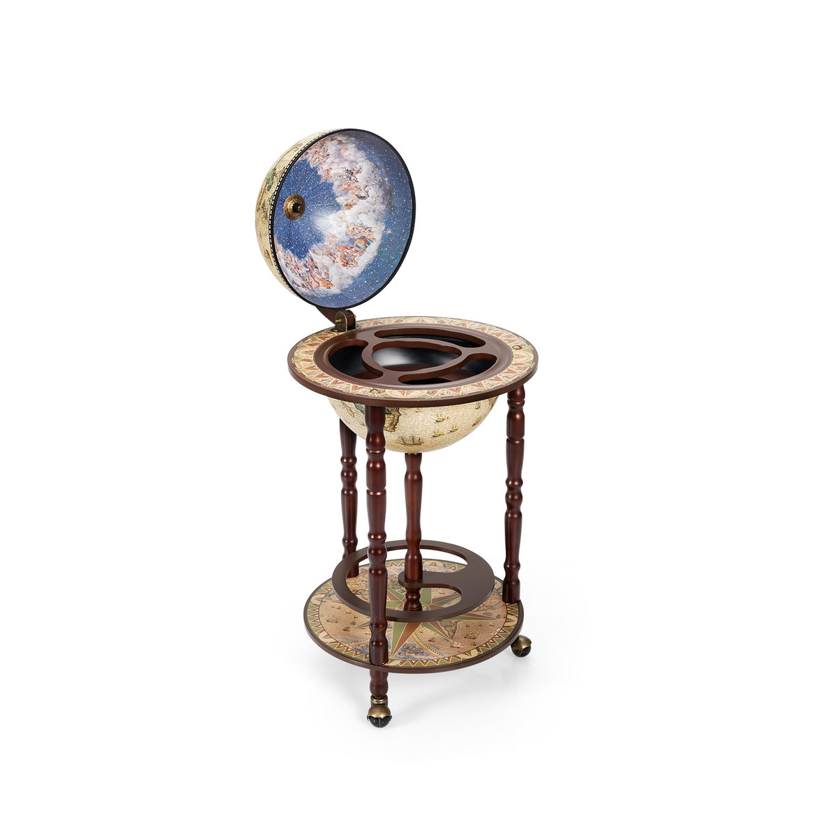 The open globe bar cart is shown alone, revealing bottle openings in its top and lower shelf.