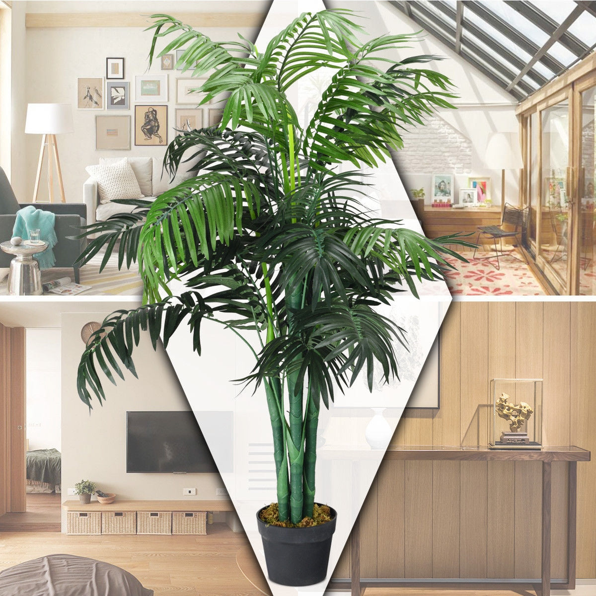Potted artificial palm shown over a collage of furnished living and dining spaces.