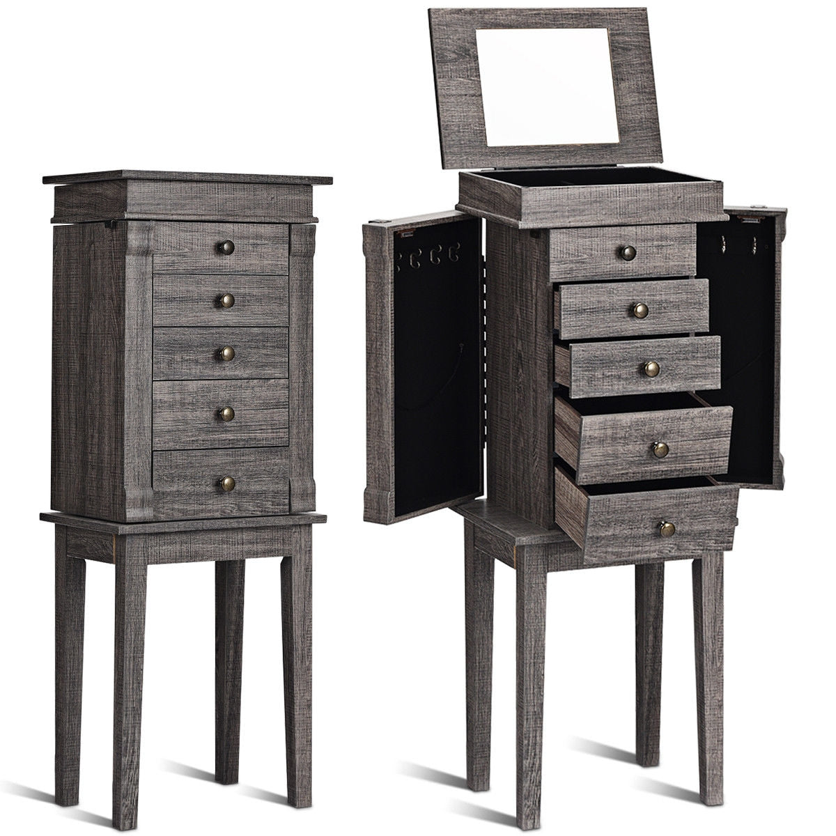 Standing Jewelry Cabinet Storage Organizer with Wooden Legs, Gray