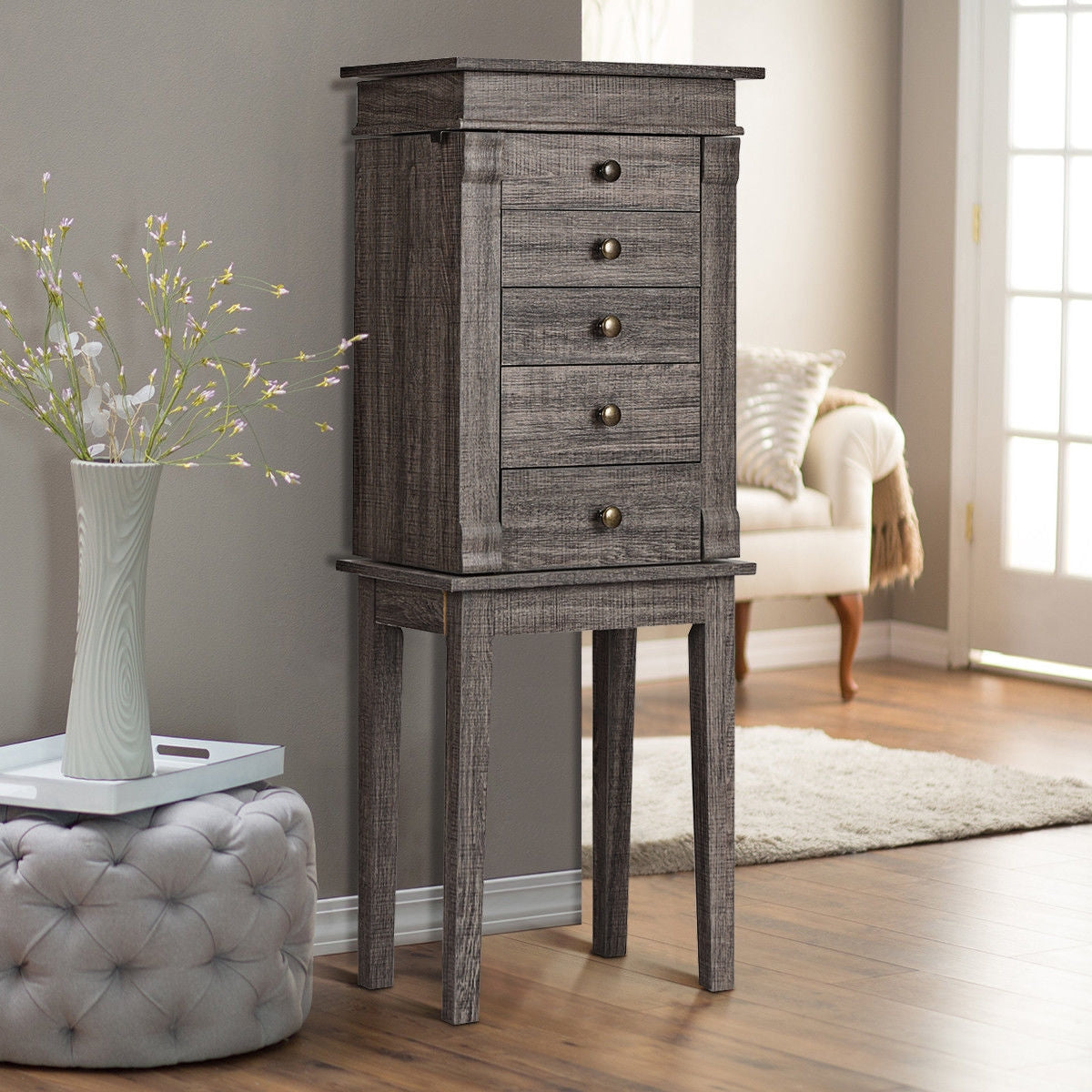 Standing Jewelry Cabinet Storage Organizer with Wooden Legs, Gray