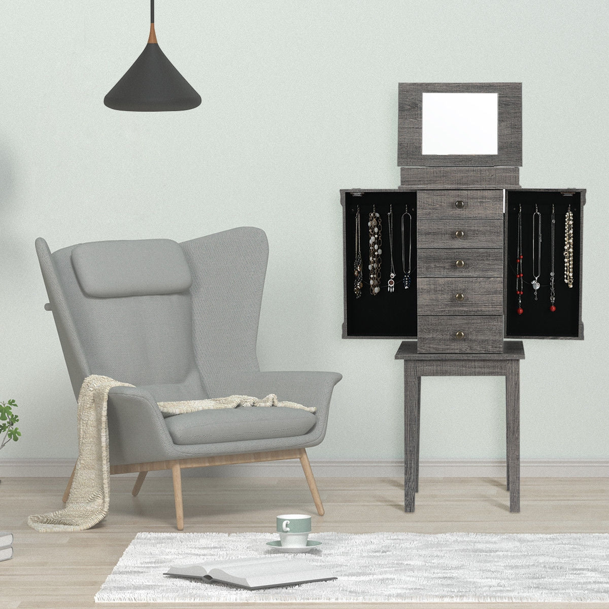 Standing Jewelry Cabinet Storage Organizer with Wooden Legs, Gray