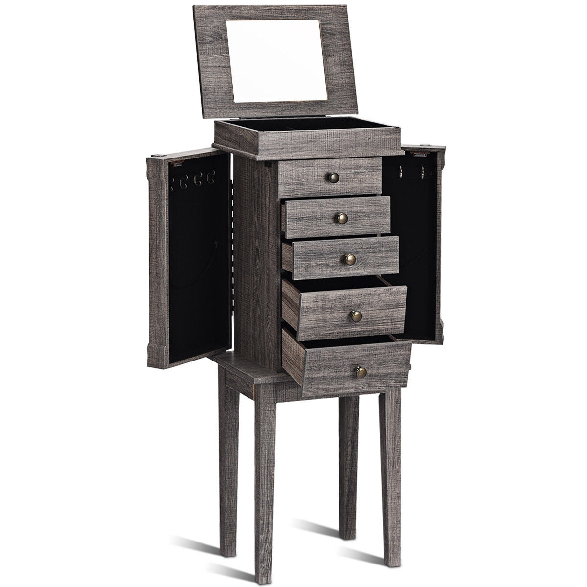 Standing Jewelry Cabinet Storage Organizer with Wooden Legs, Gray