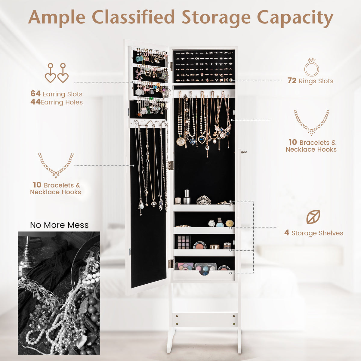 Mirrored Standing Jewelry Cabinet Storage Box
