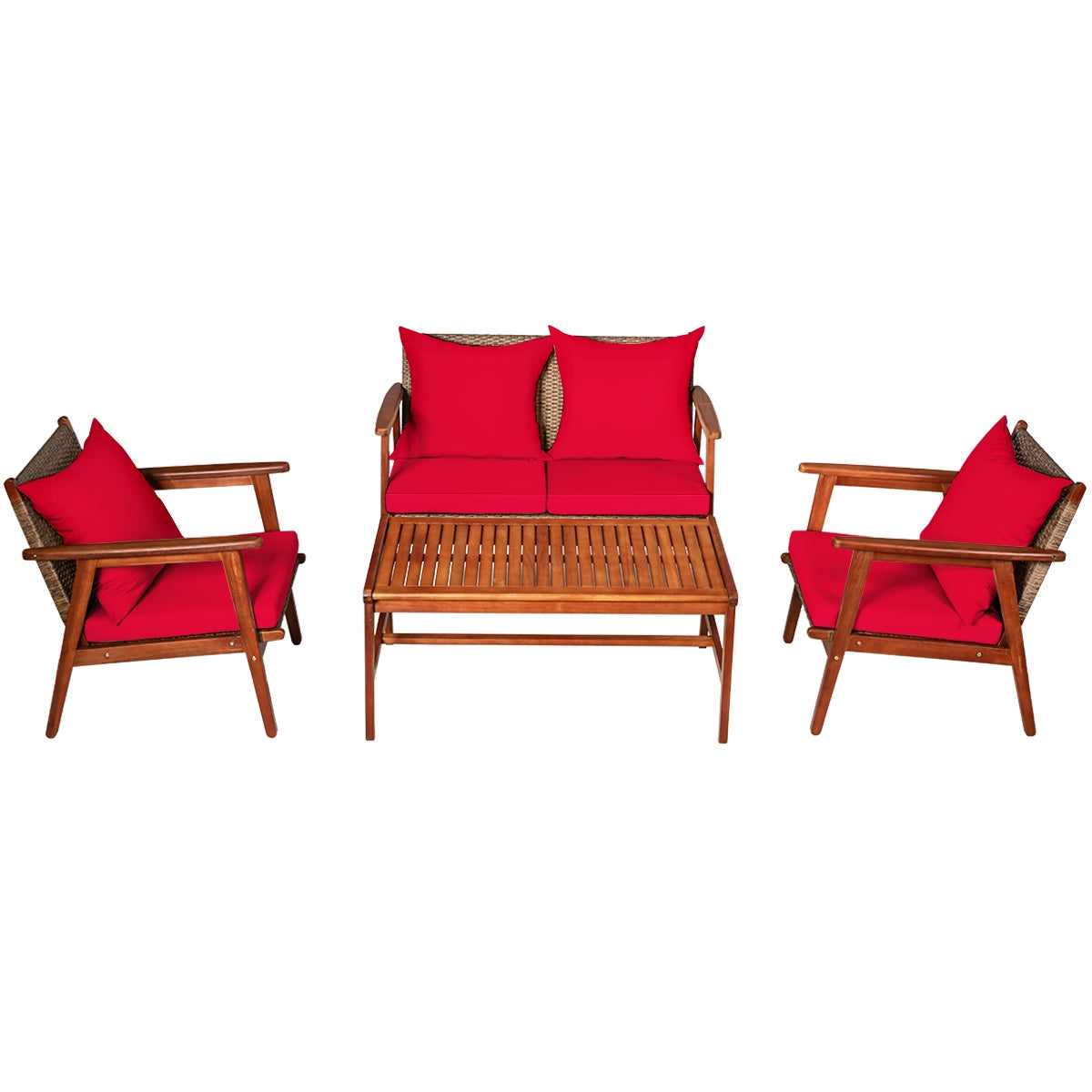 4 Piece Acacia Wood Patio Rattan Furniture Set, Red