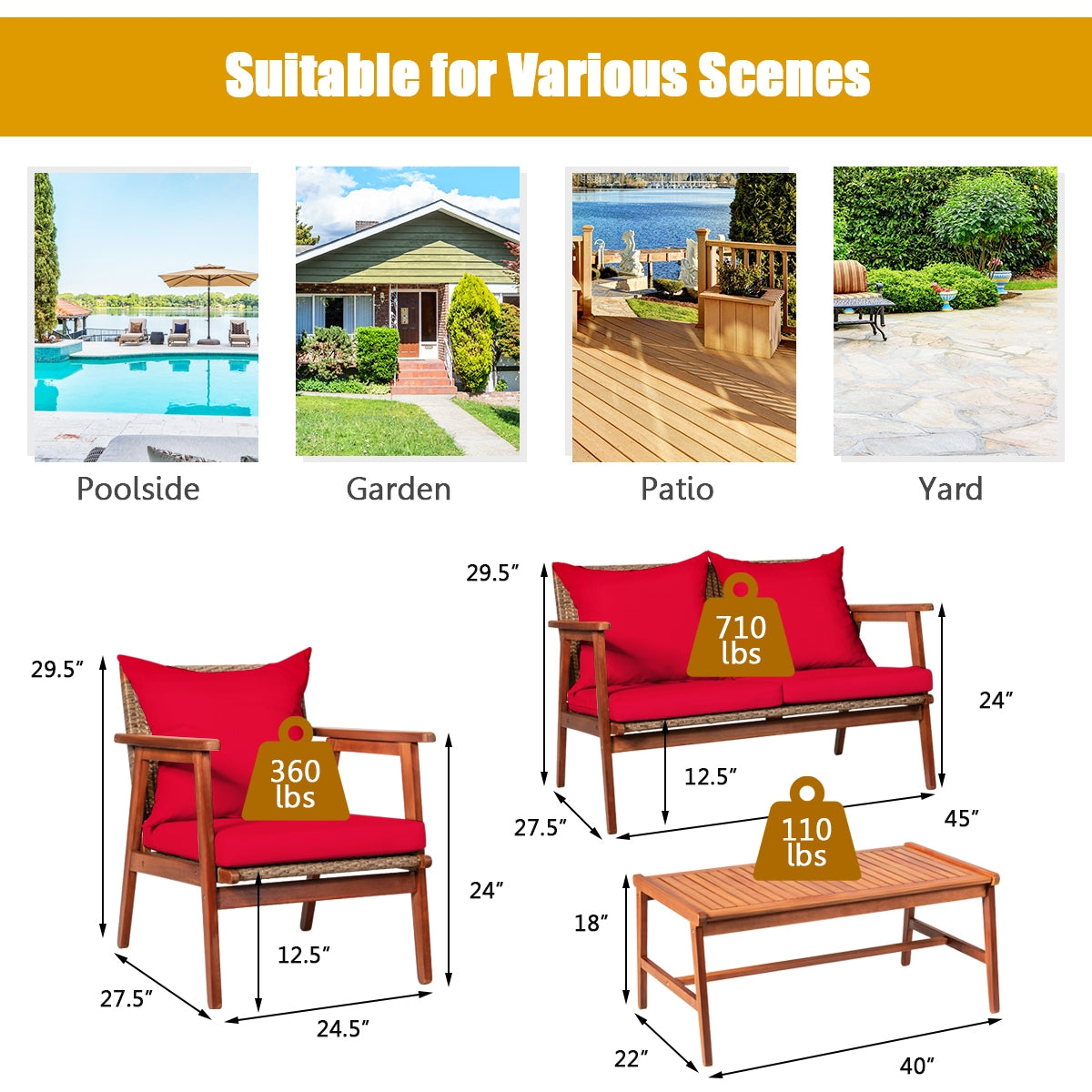 4 Piece Acacia Wood Patio Rattan Furniture Set, Red