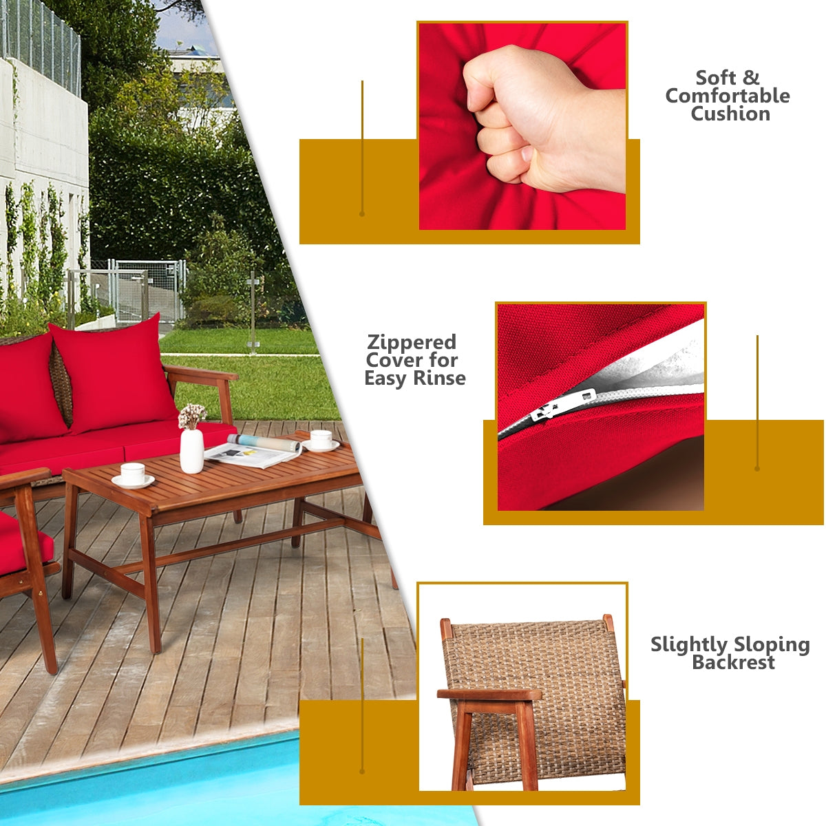 4 Piece Acacia Wood Patio Rattan Furniture Set, Red