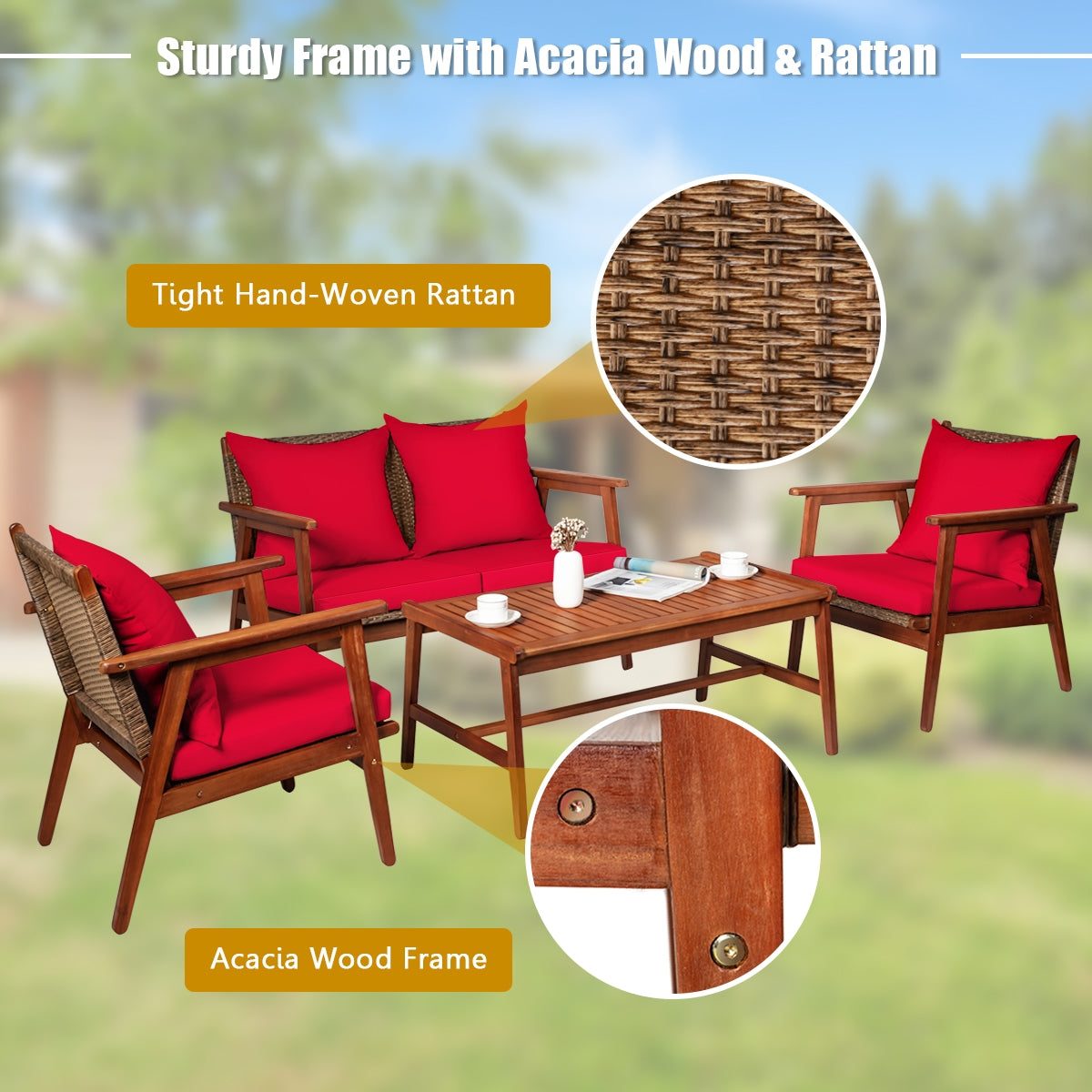 4 Piece Acacia Wood Patio Rattan Furniture Set, Red
