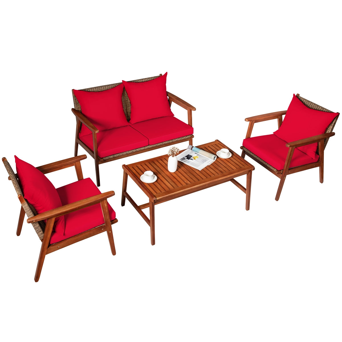 4 Piece Acacia Wood Patio Rattan Furniture Set, Red