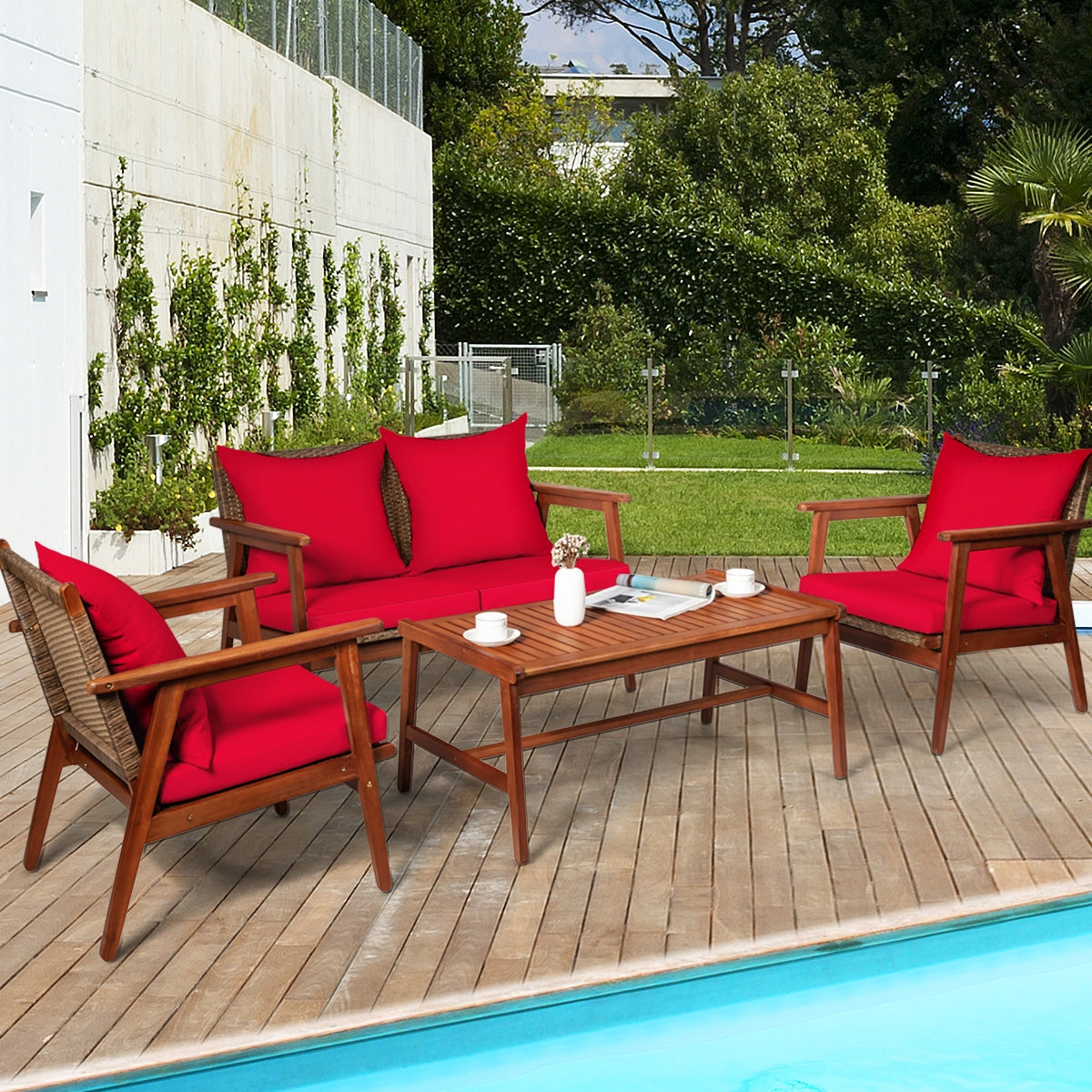 4 Piece Acacia Wood Patio Rattan Furniture Set, Red