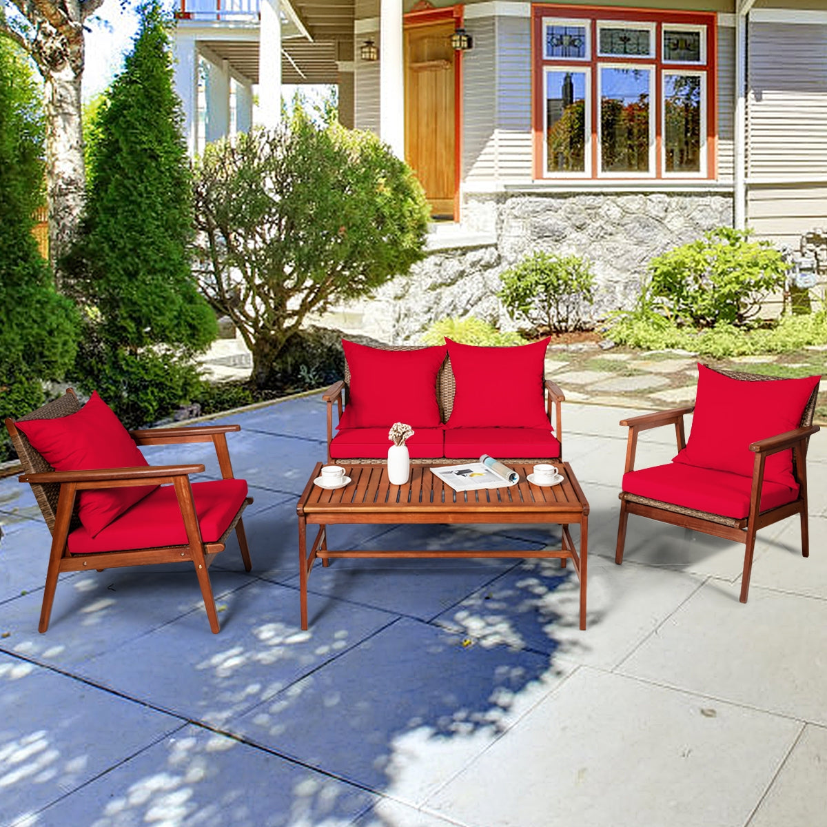 4 Piece Acacia Wood Patio Rattan Furniture Set, Red