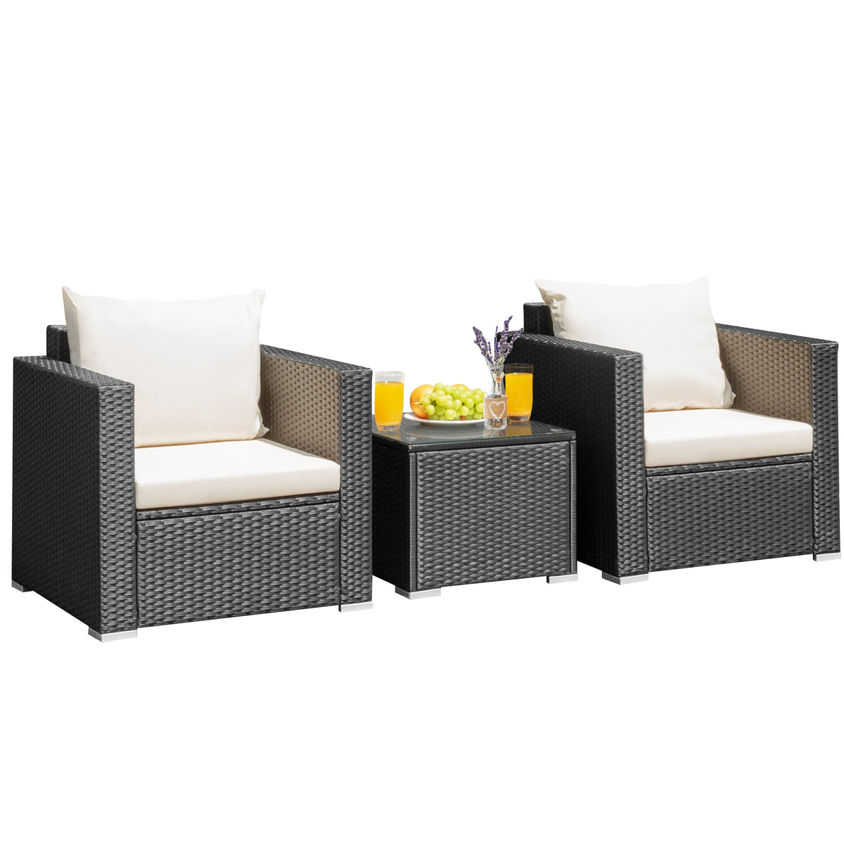 3 Pieces Patio Wicker Conversation Set with Cushion