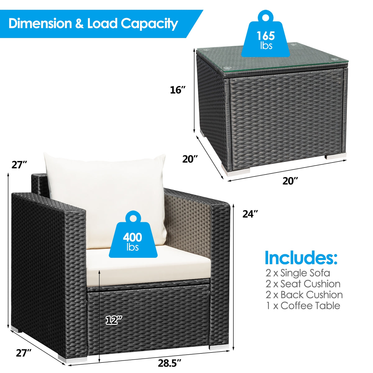 3 Pieces Patio Wicker Conversation Set with Cushion