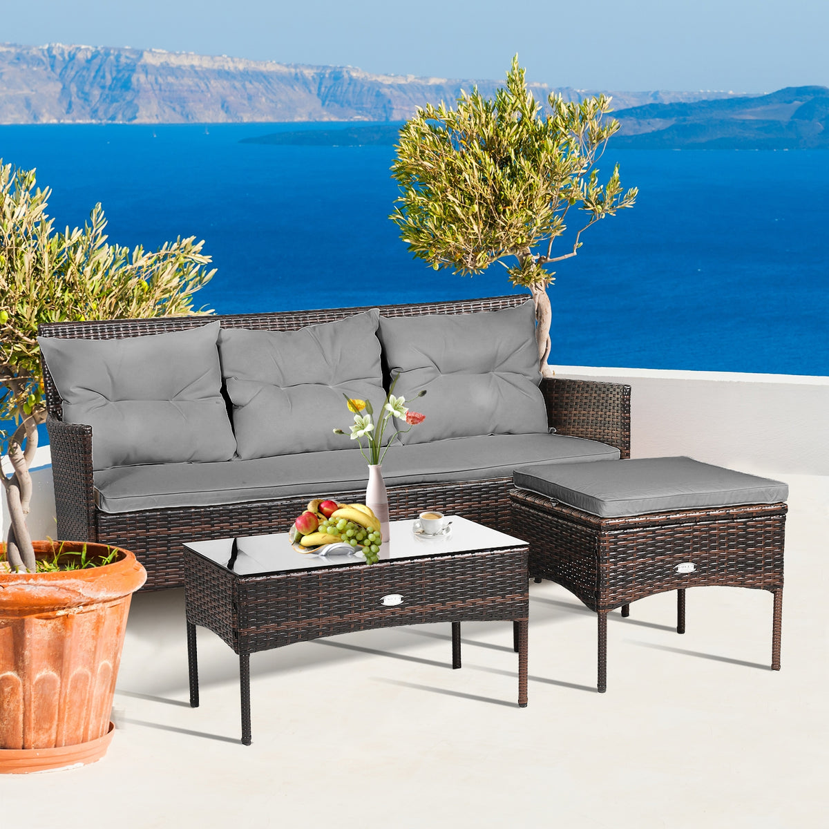 3-Piece Patio Conversation Set with Sofa, Ottoman, Glass-Top Table & 5 Cushions