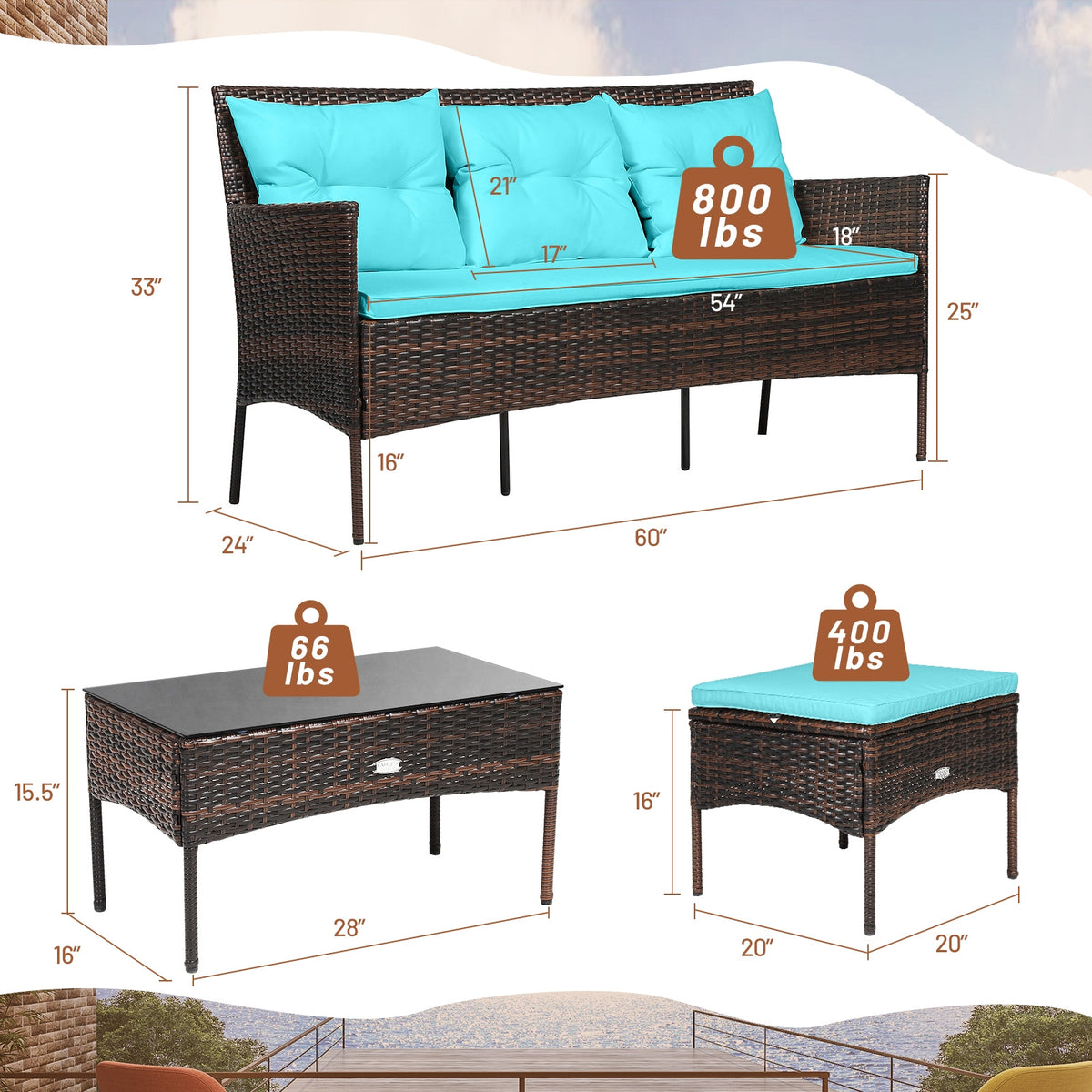 3 Pieces Patio Furniture Sectional Set with 5 Cozy Seat and Back Cushions