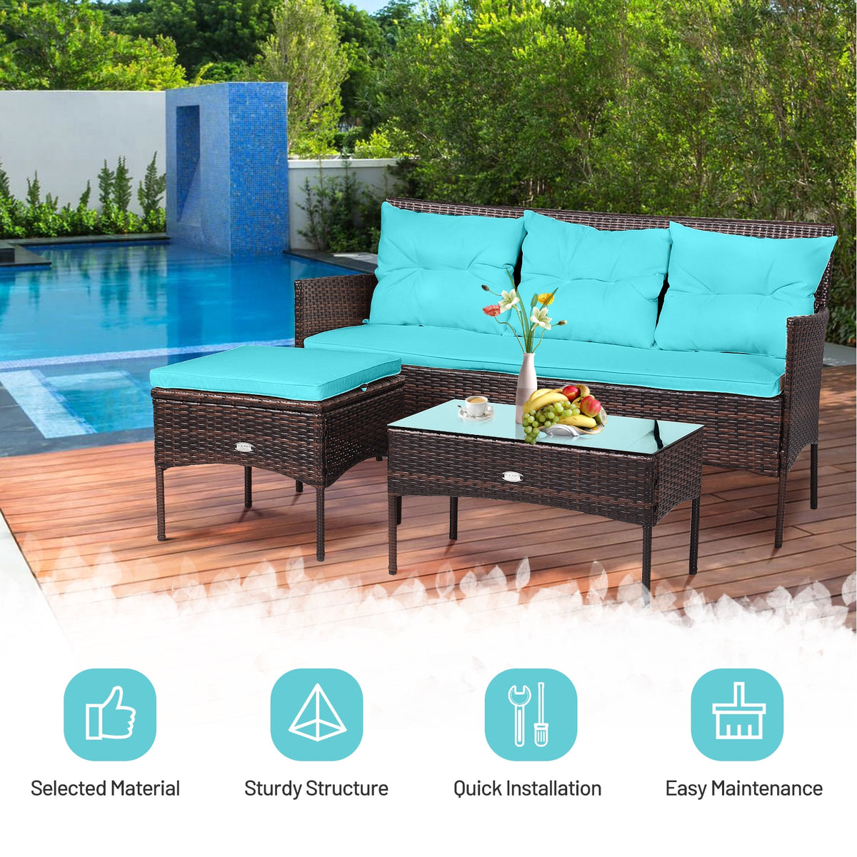 3 Pieces Patio Furniture Sectional Set with 5 Cozy Seat and Back Cushions
