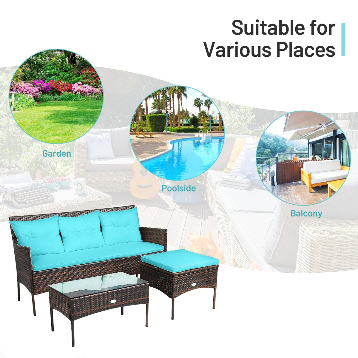 3 Pieces Patio Furniture Sectional Set with 5 Cozy Seat and Back Cushions
