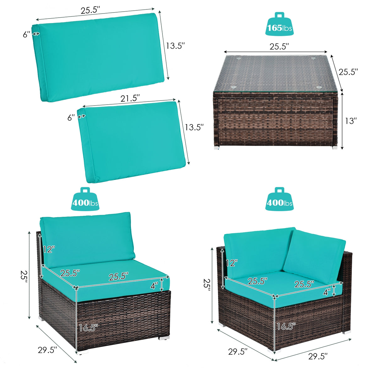 6 Pieces Patio Rattan Furniture Set with Cushions and Glass Coffee Table