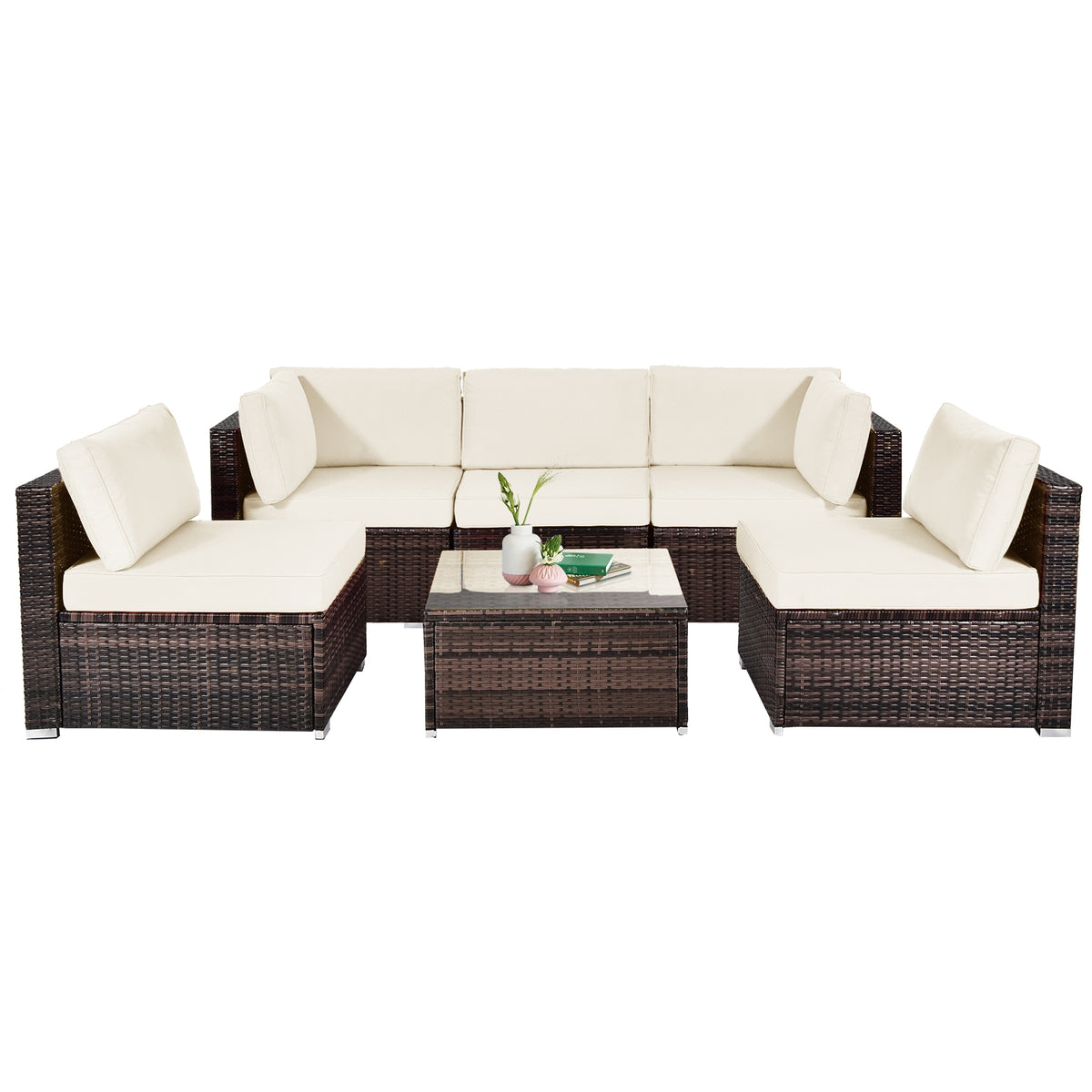 6 Pieces Patio Rattan Furniture Set with Cushions and Glass Coffee Table