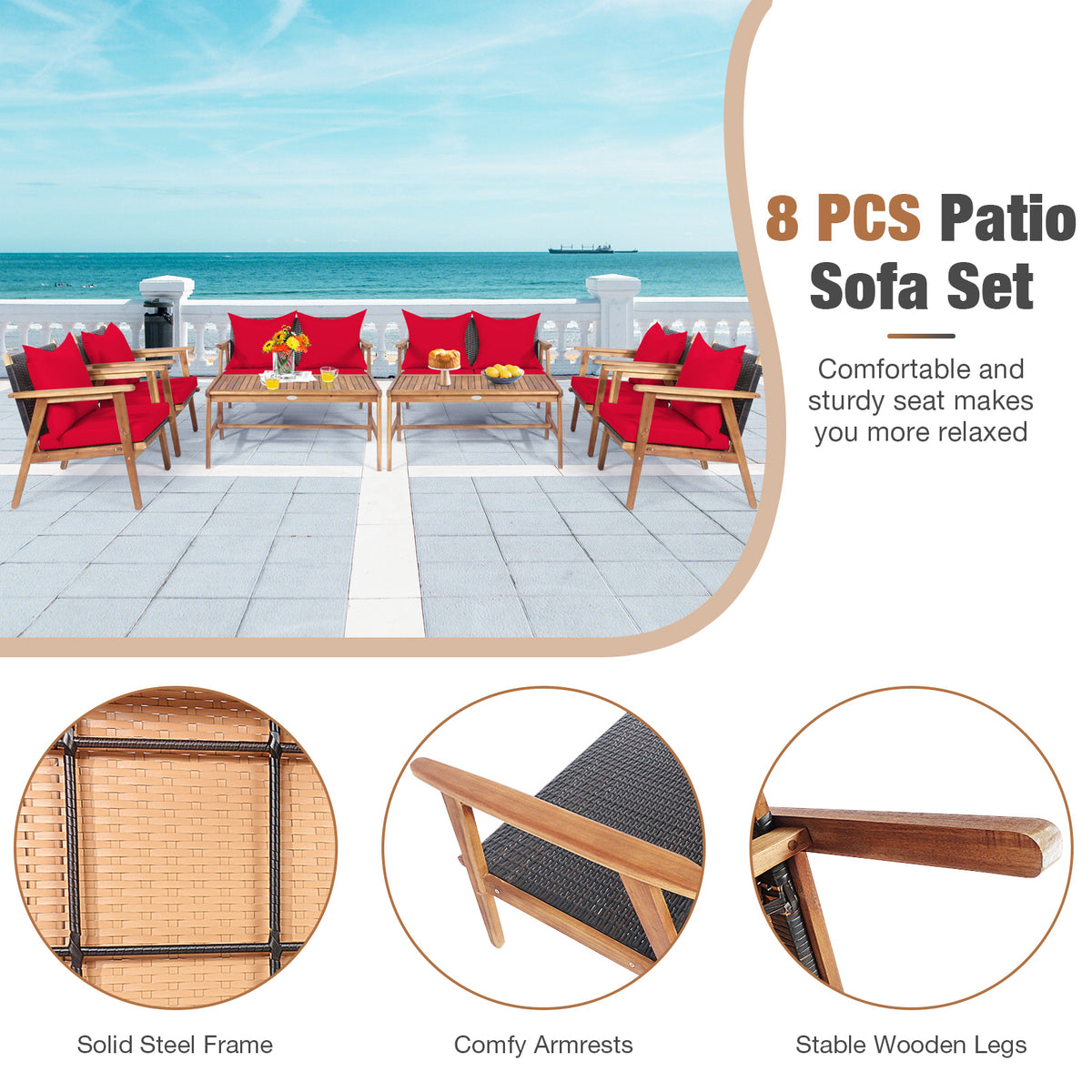 4 Piece Acacia Wood Patio Rattan Furniture Set, Red