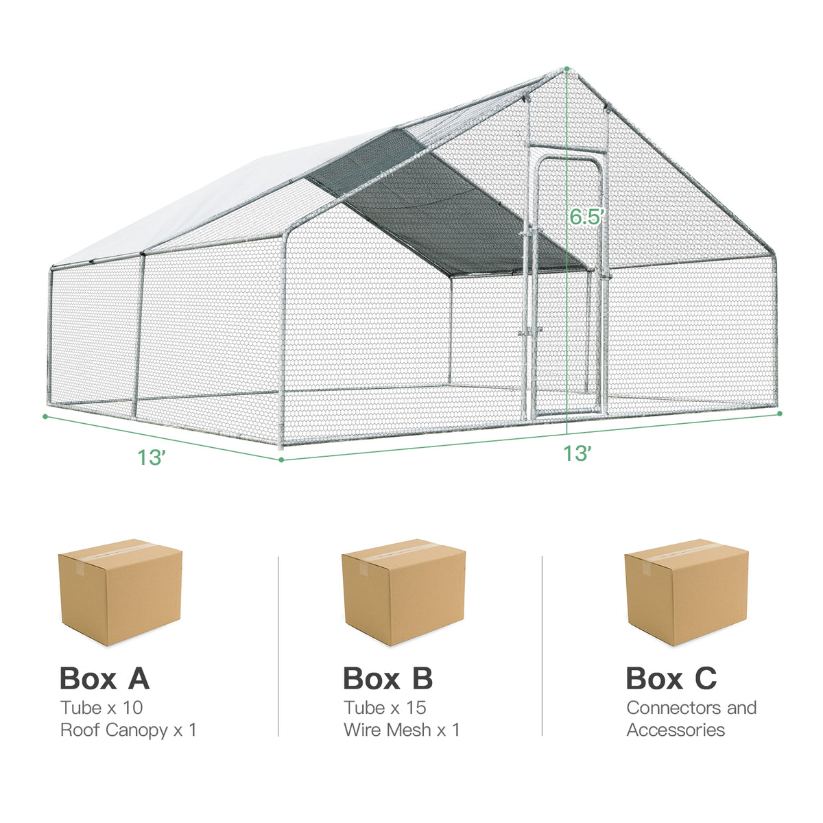A wire-mesh chicken run diagram with dimension arrows above three illustrated shipping boxes.