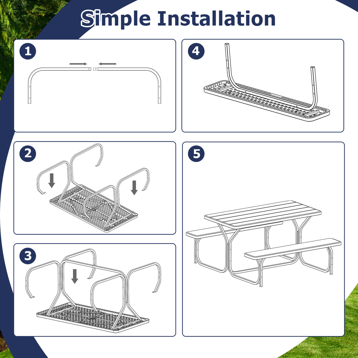 Five illustrated steps show the metal supports being assembled into a picnic table and bench set.