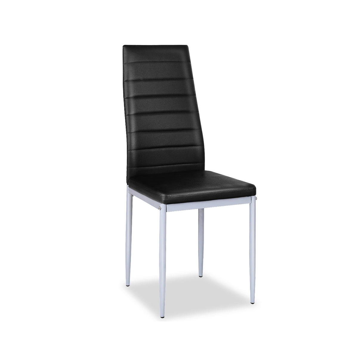 A black dining chair with a horizontally stitched back and slim silver-colored legs.