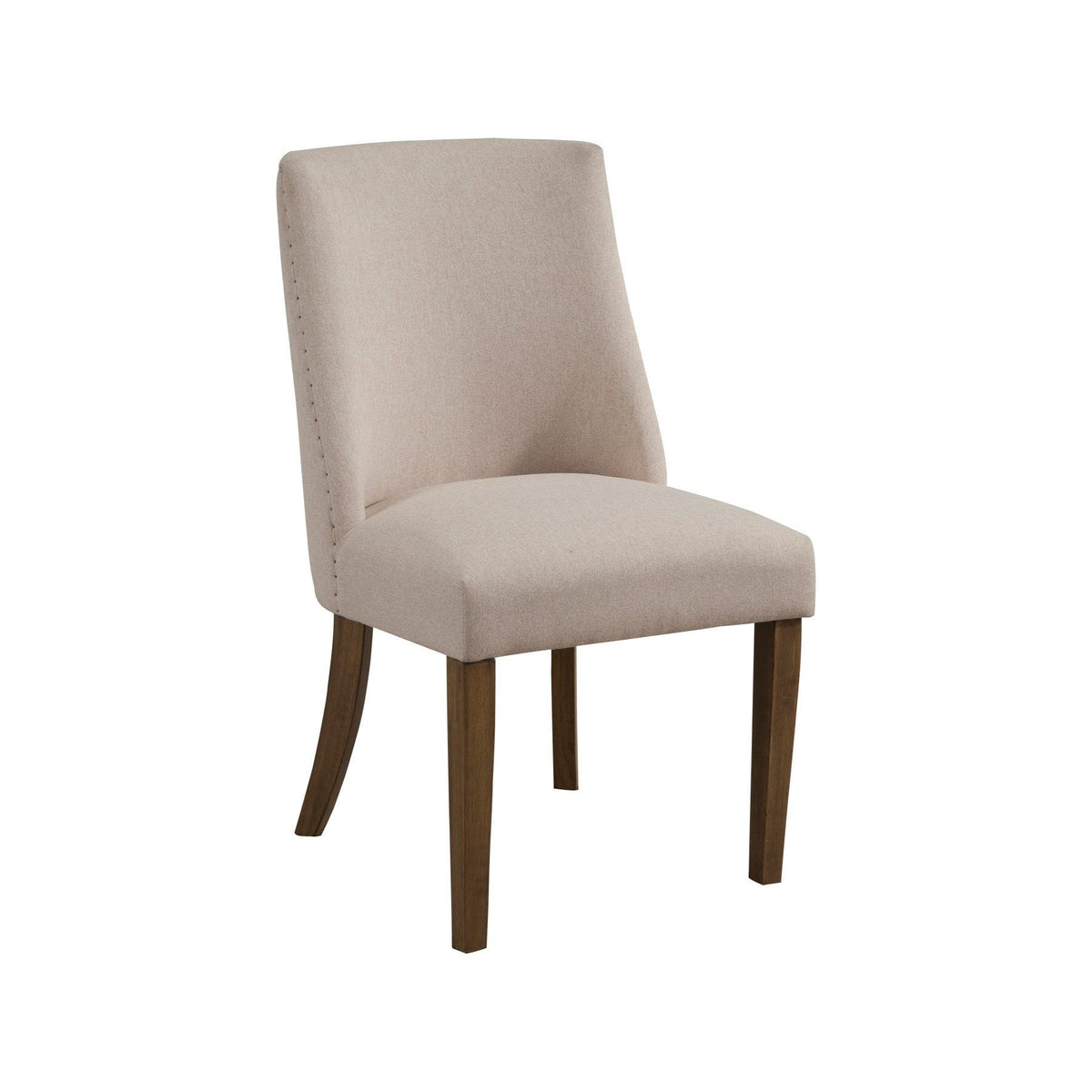 Cream upholstered dining chair in a front three-quarter view with dark natural-finish legs